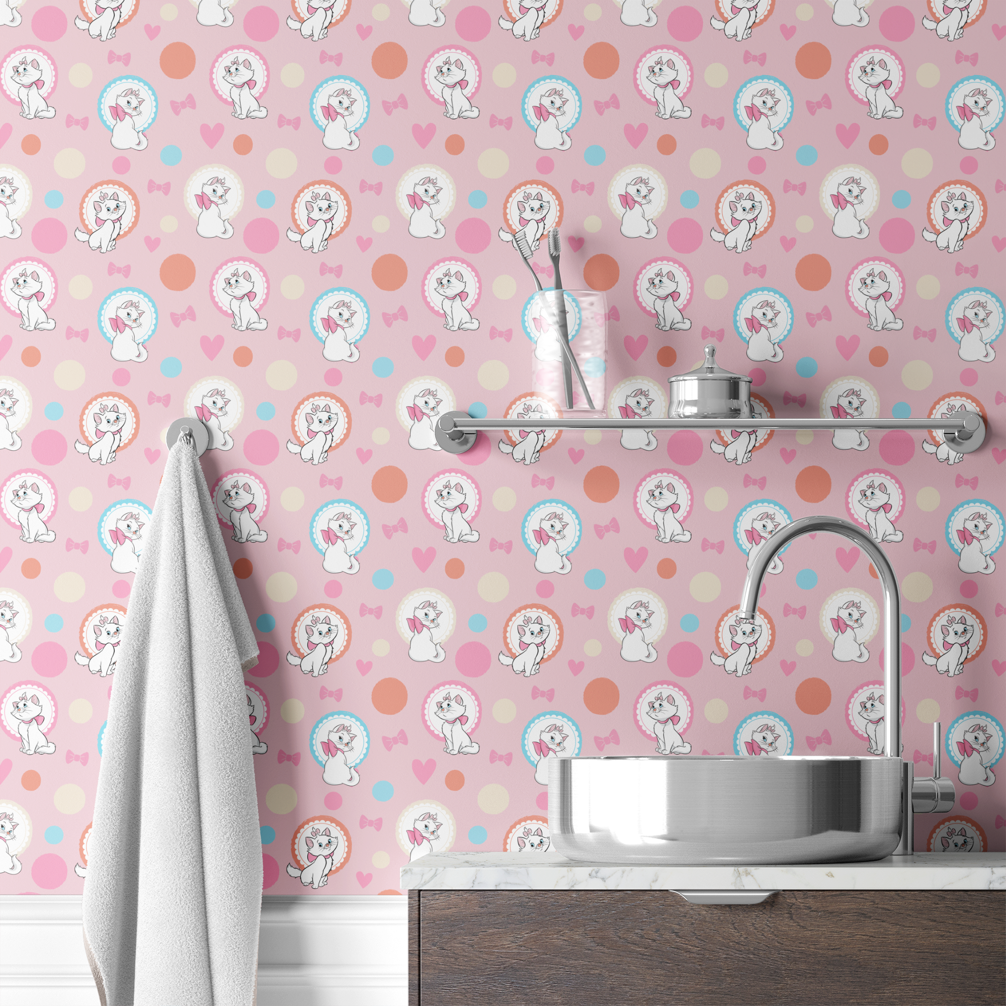 Marie from The Aristocats with pink bows in decorative circular frames on pink polka dot background with bow motifs wallpaper bath mockup