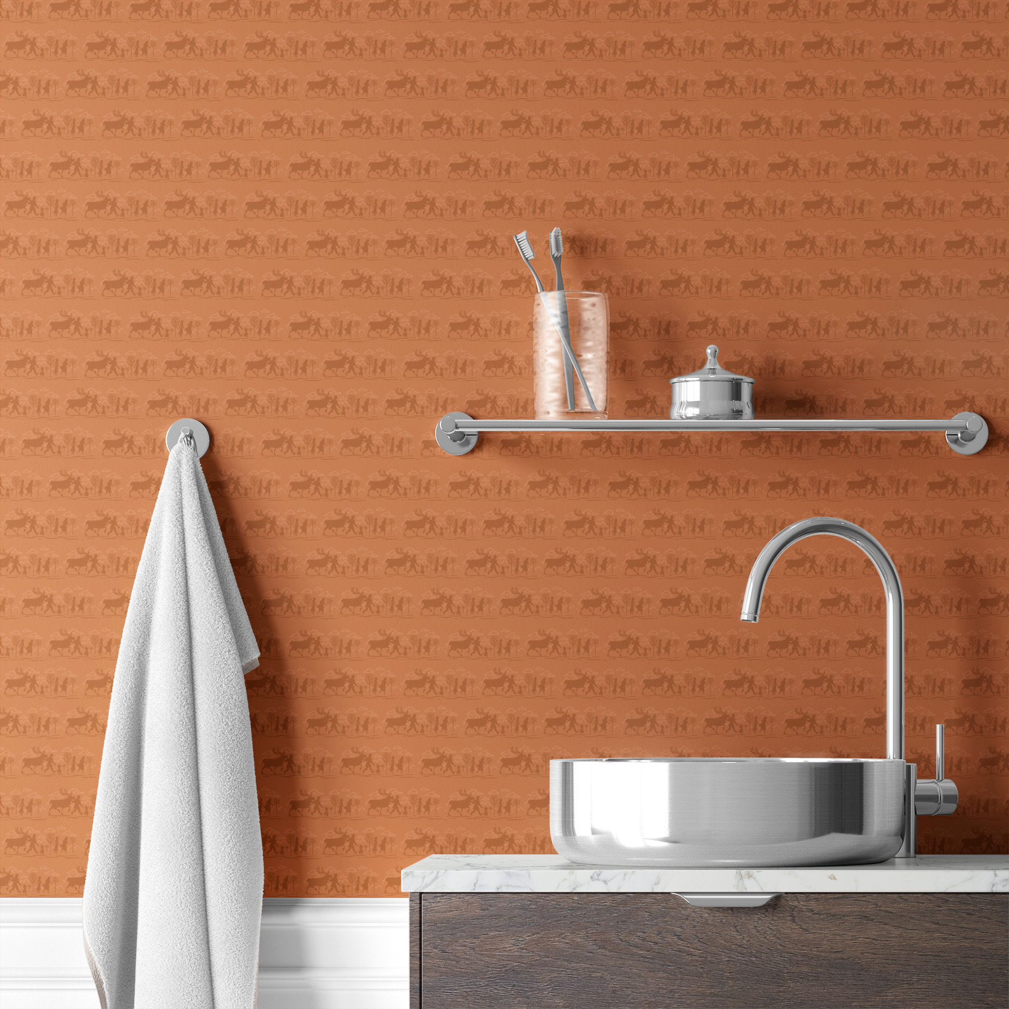 Repeating brown pattern with silhouettes of Frozen characters and trees in a rustic woodland scene wallpaper bath mockup