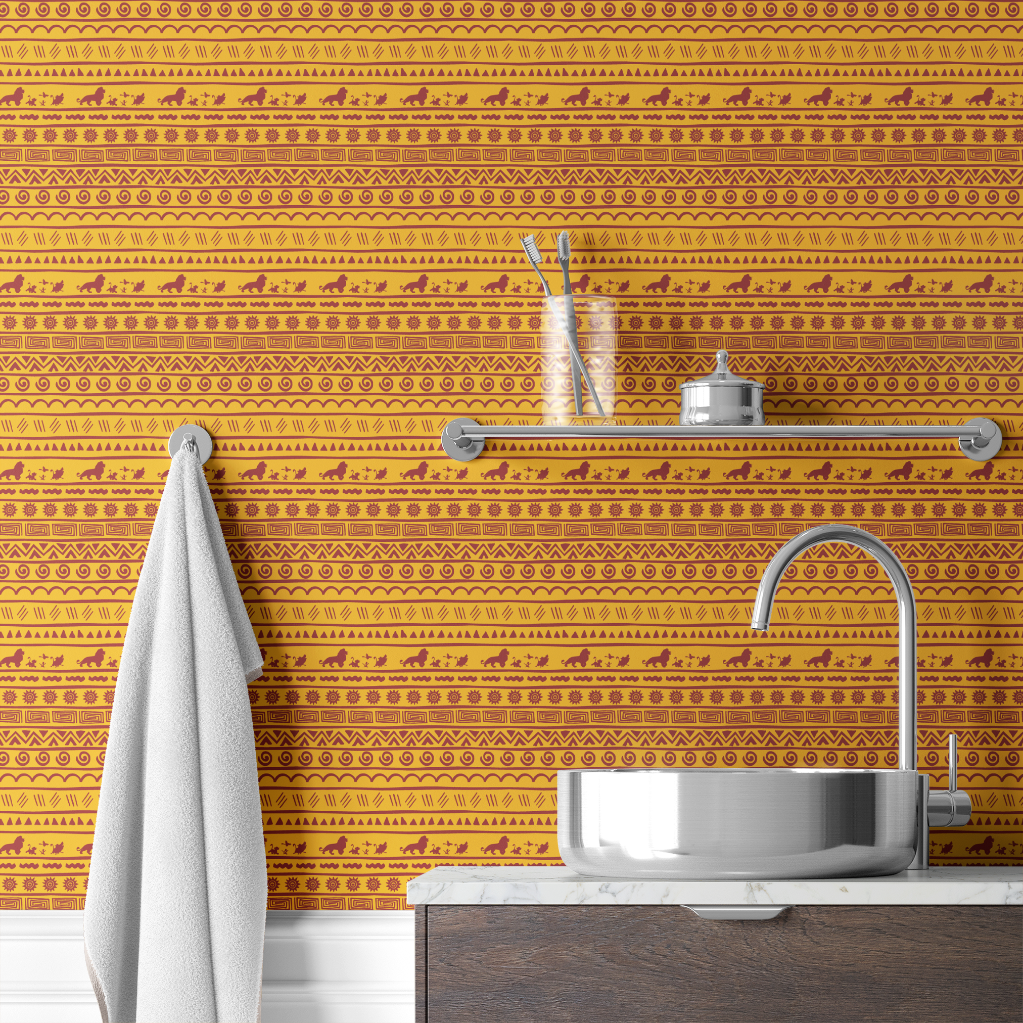 Traditional African pattern in yellow and maroon with spirals, lions, geometric designs, and sun symbols arranged in horizontal bands wallpaper bath mockup