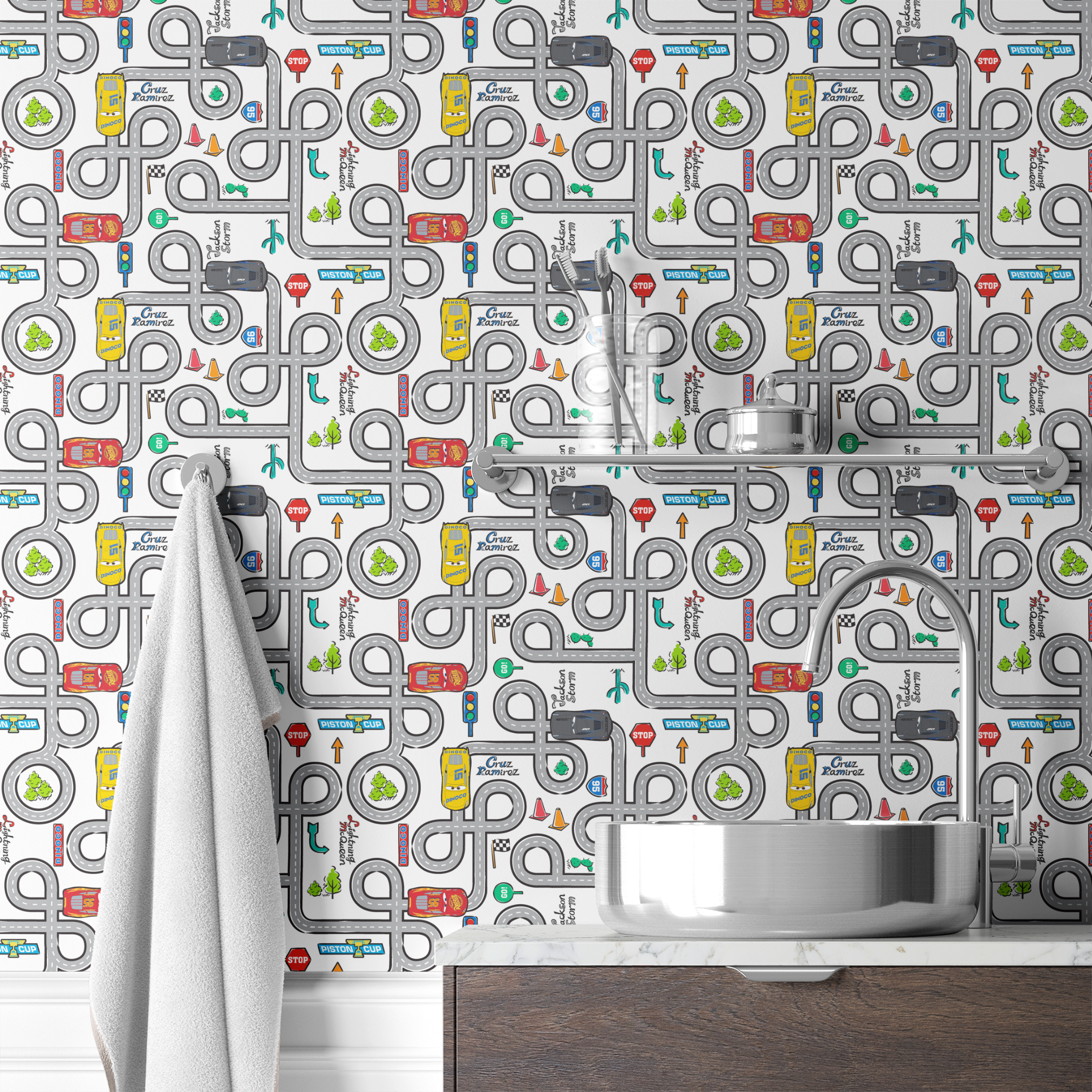Cartoon road map with cars, traffic signs, and "Cruz Ramirez" label on winding gray streets wallpaper bath mockup