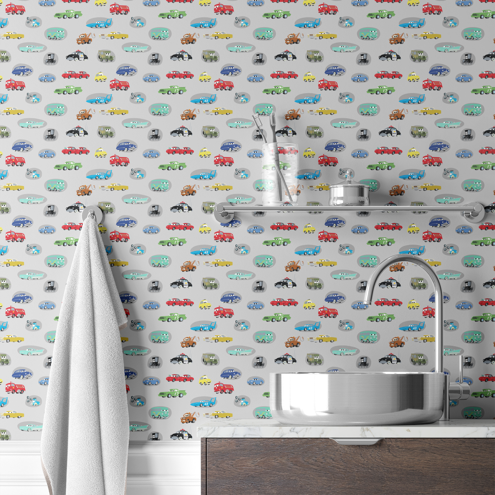 Various cartoon toy cars and vehicles in different colors (red, blue, green, yellow) displayed against a gray background with cute animated faces. wallpaper bath mockup