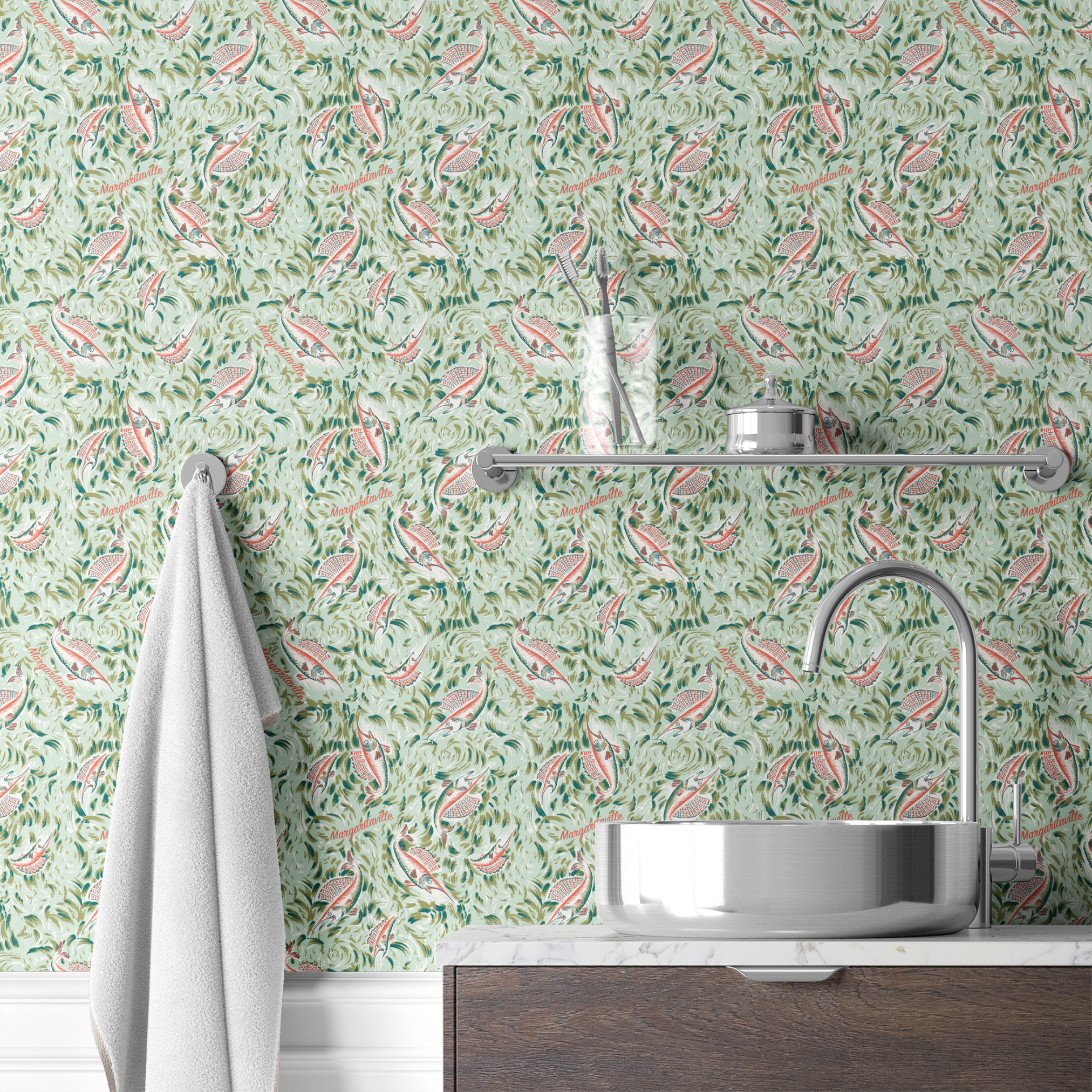 Ornate abstract tropical fish pattern with swirling leaves in vintage Florida style wallpaper bath mockup