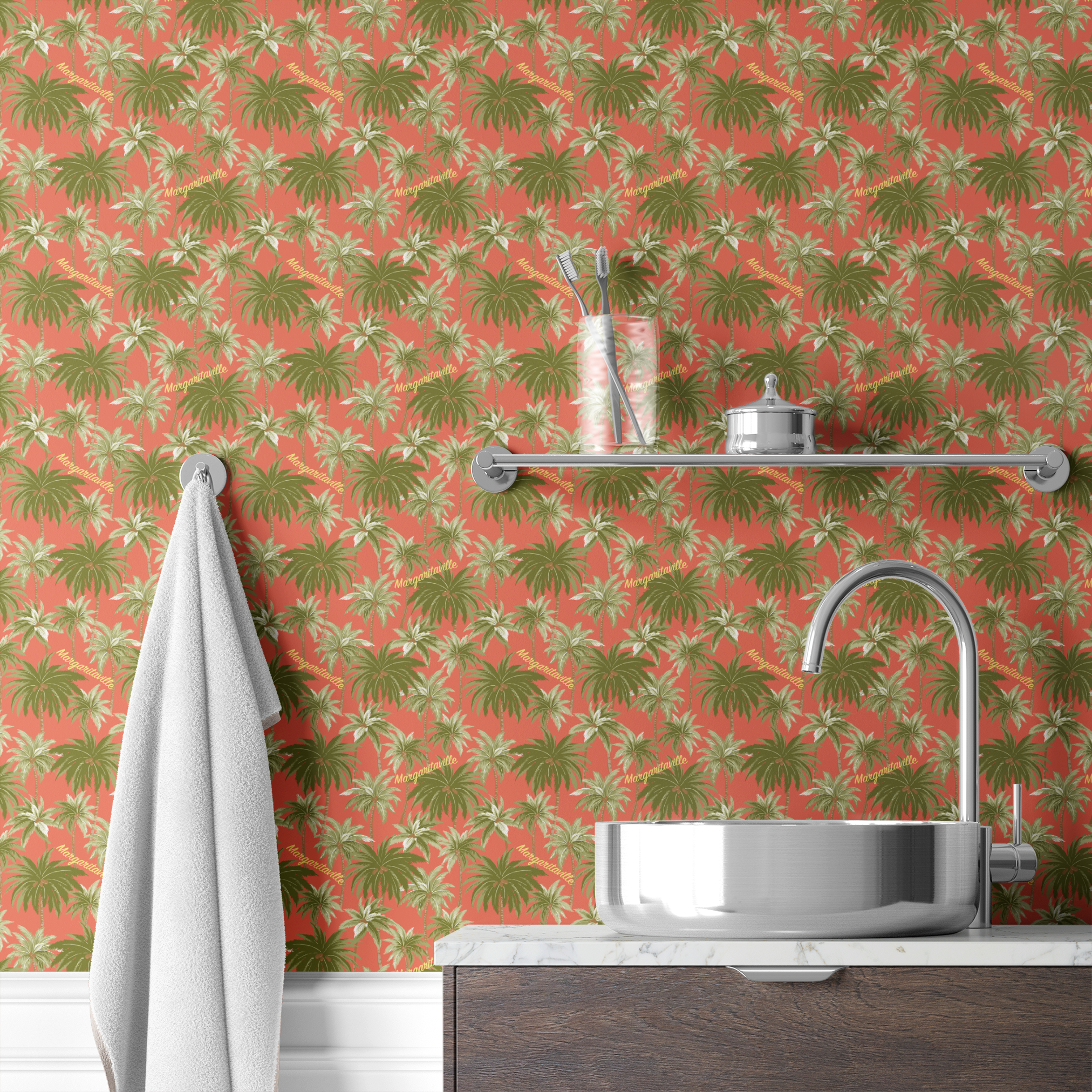 Tropical palm tree pattern on coral background with "Margaritaville" text in gold lettering wallpaper bath mockup