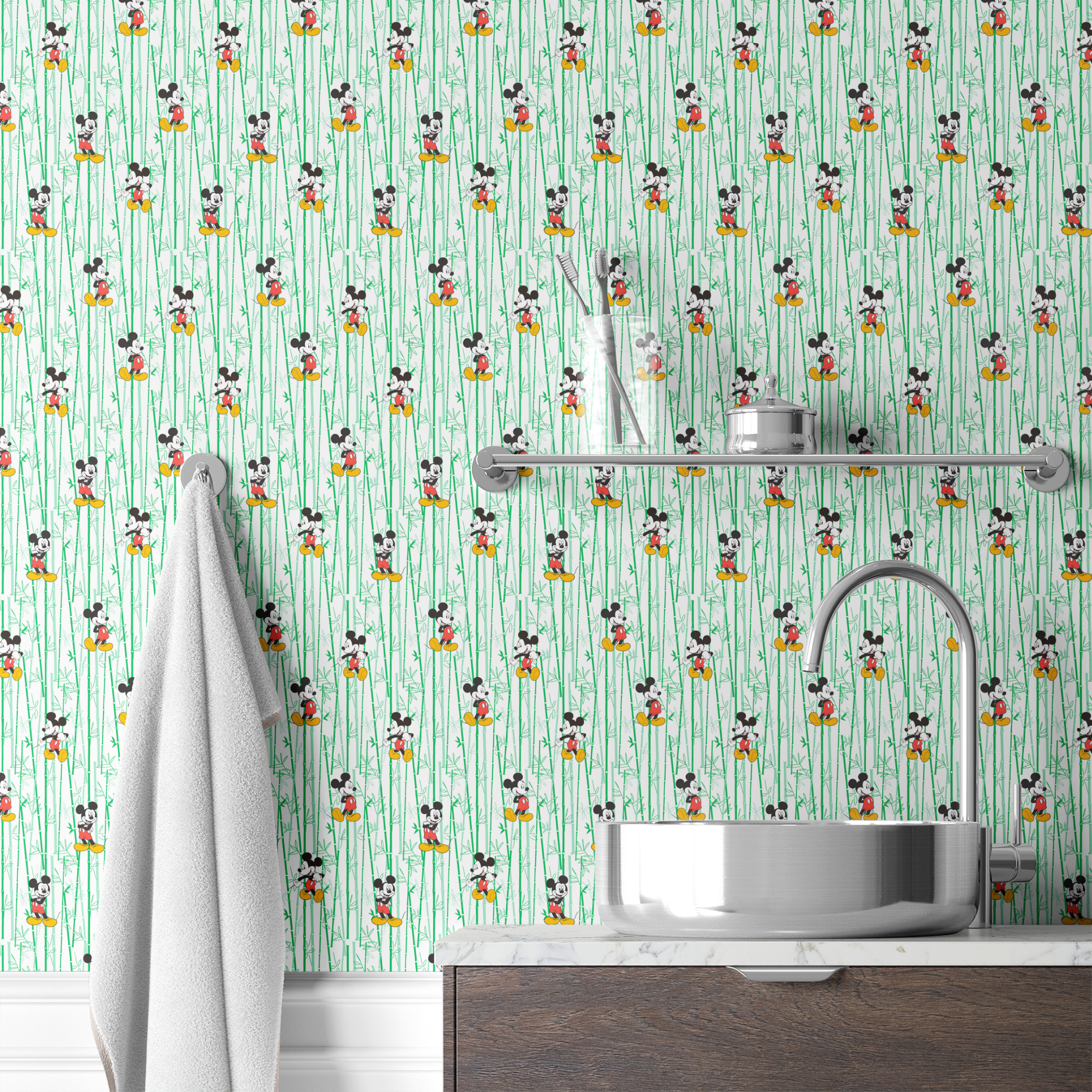 Cartoon mouse character pattern on white background with green vertical stripes wallpaper bath mockup