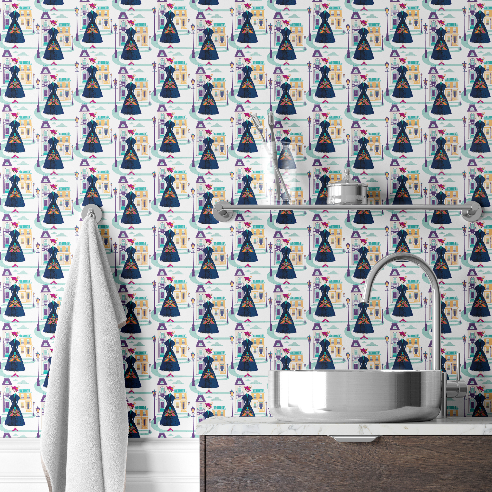 Illustrated pattern of Mary Poppins, standing among pastel townhouses and streetlamps. wallpaper bath mockup