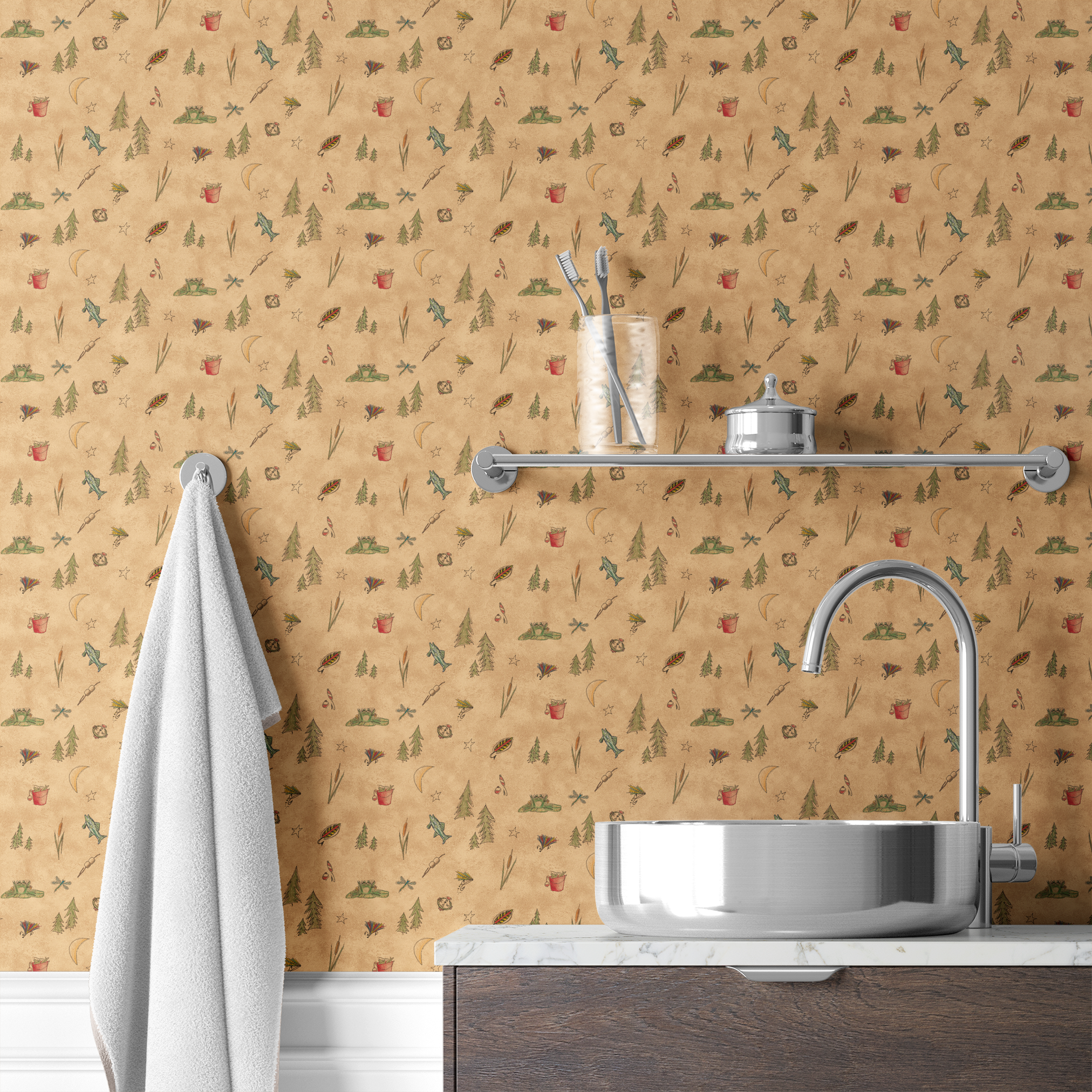 Outdoor camping pattern with tents, trees, lanterns, and nature elements on beige background wallpaper bath mockup