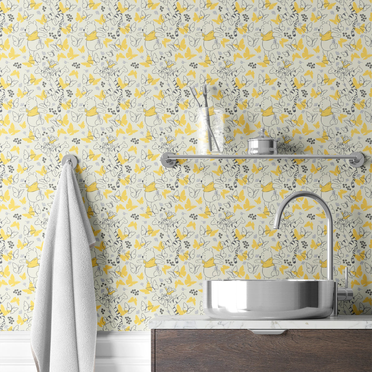 Disney Winnie the Pooh Butterflies and Florals Yellow Wallpaper