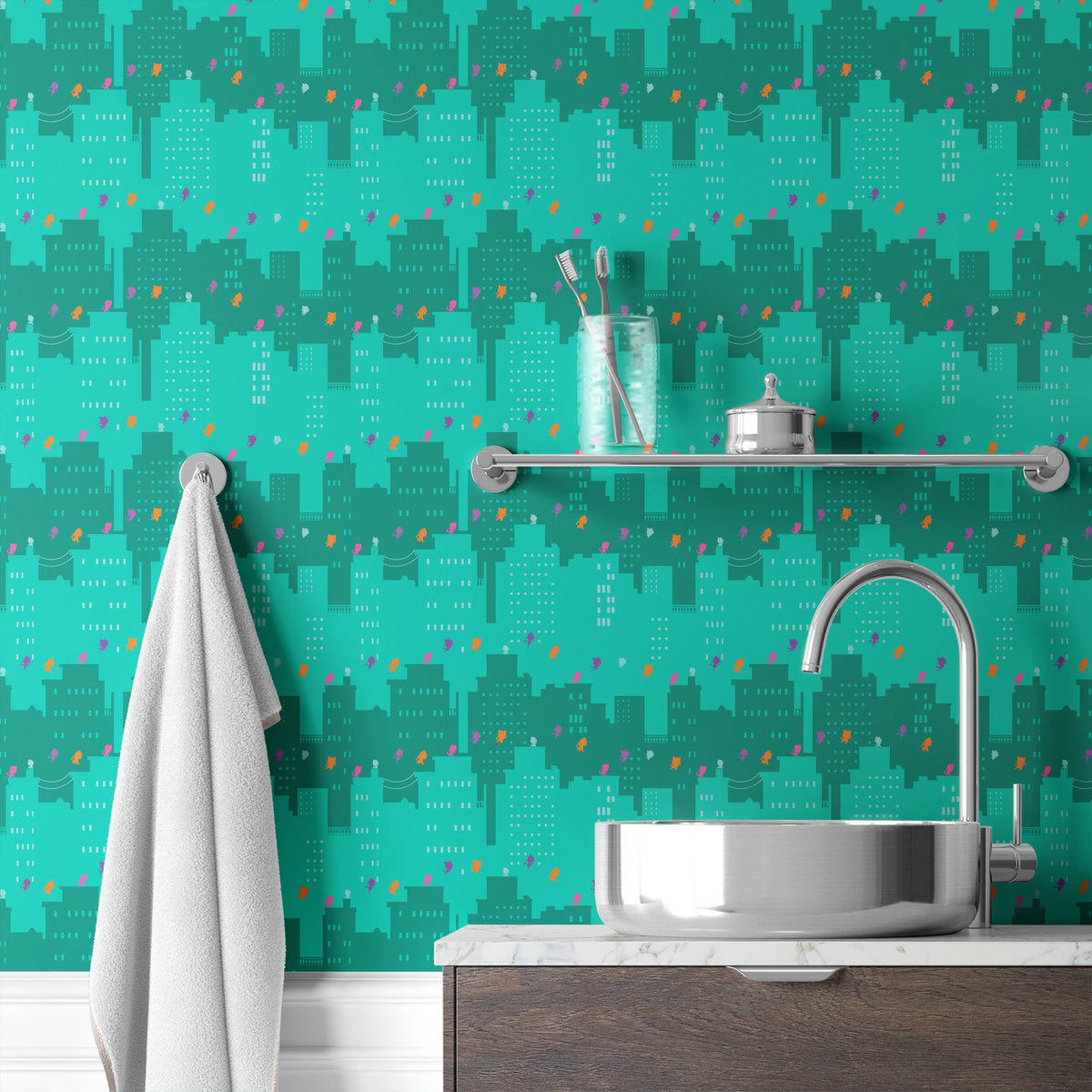 Disney Jr's. SuperKitties Super Skyline on Teal Wallpaper