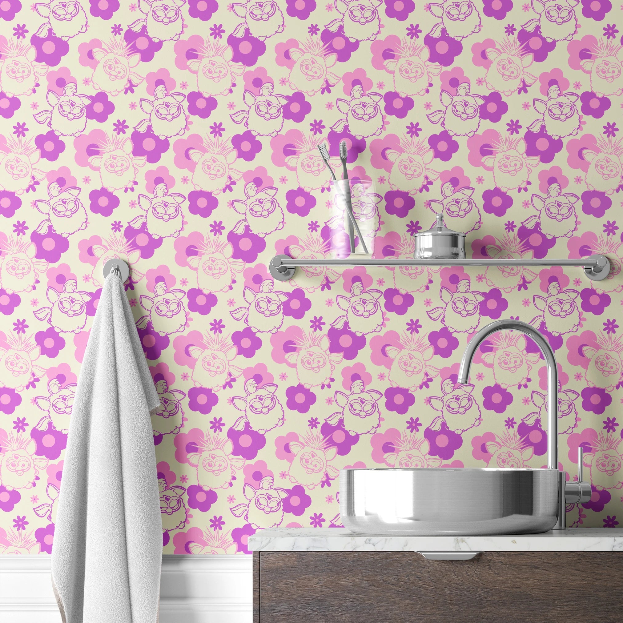 Hasbro Furby Flower Power on Purple Wallpaper