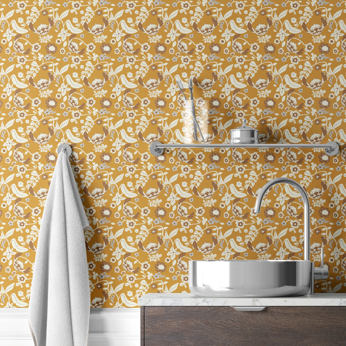 Disney Stitch Florals on Yellow Wallpaper