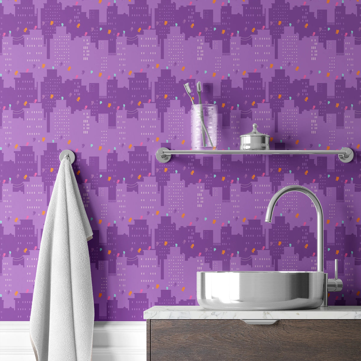 Disney Jr's. SuperKitties Super Skyline on Purple Wallpaper