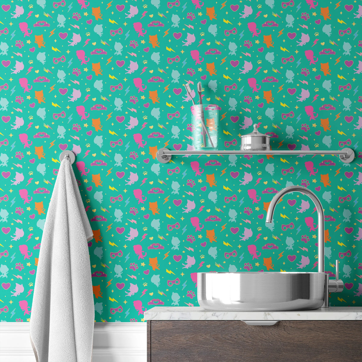 Disney Jr's. SuperKitties Pawsome Characters on Teal Wallpaper
