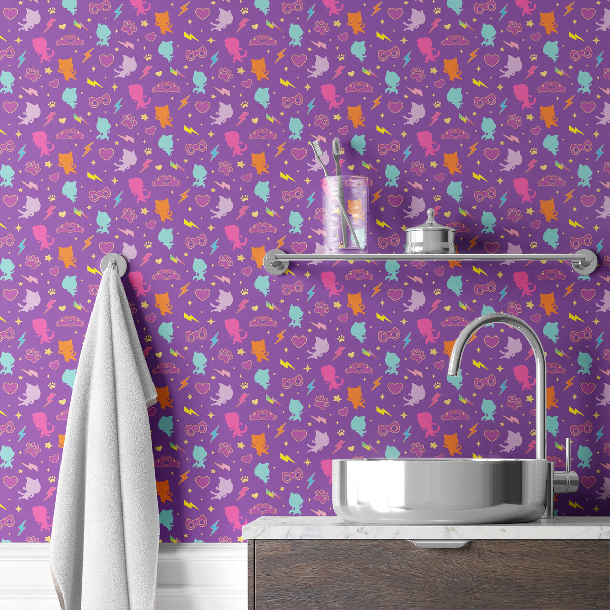 Disney Jr's. SuperKitties Pawsome Characters on Purple Wallpaper