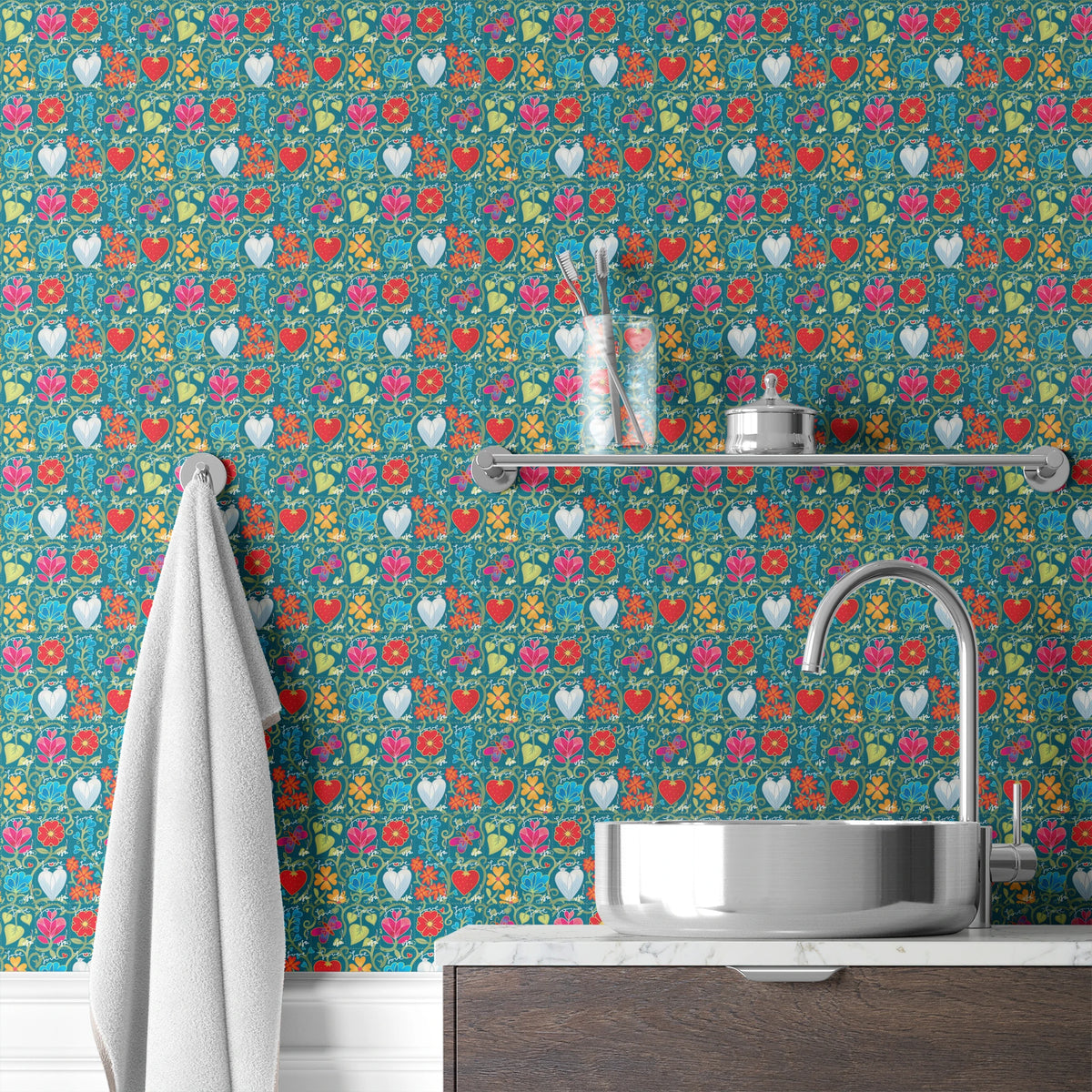 USPS Love Floral Stamps on Teal Wallpaper
