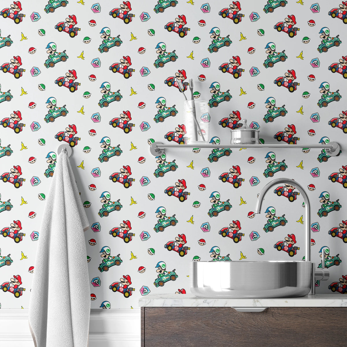 Mario Kart™ World 2D Mario and Luigi on Light Grey Wallpaper