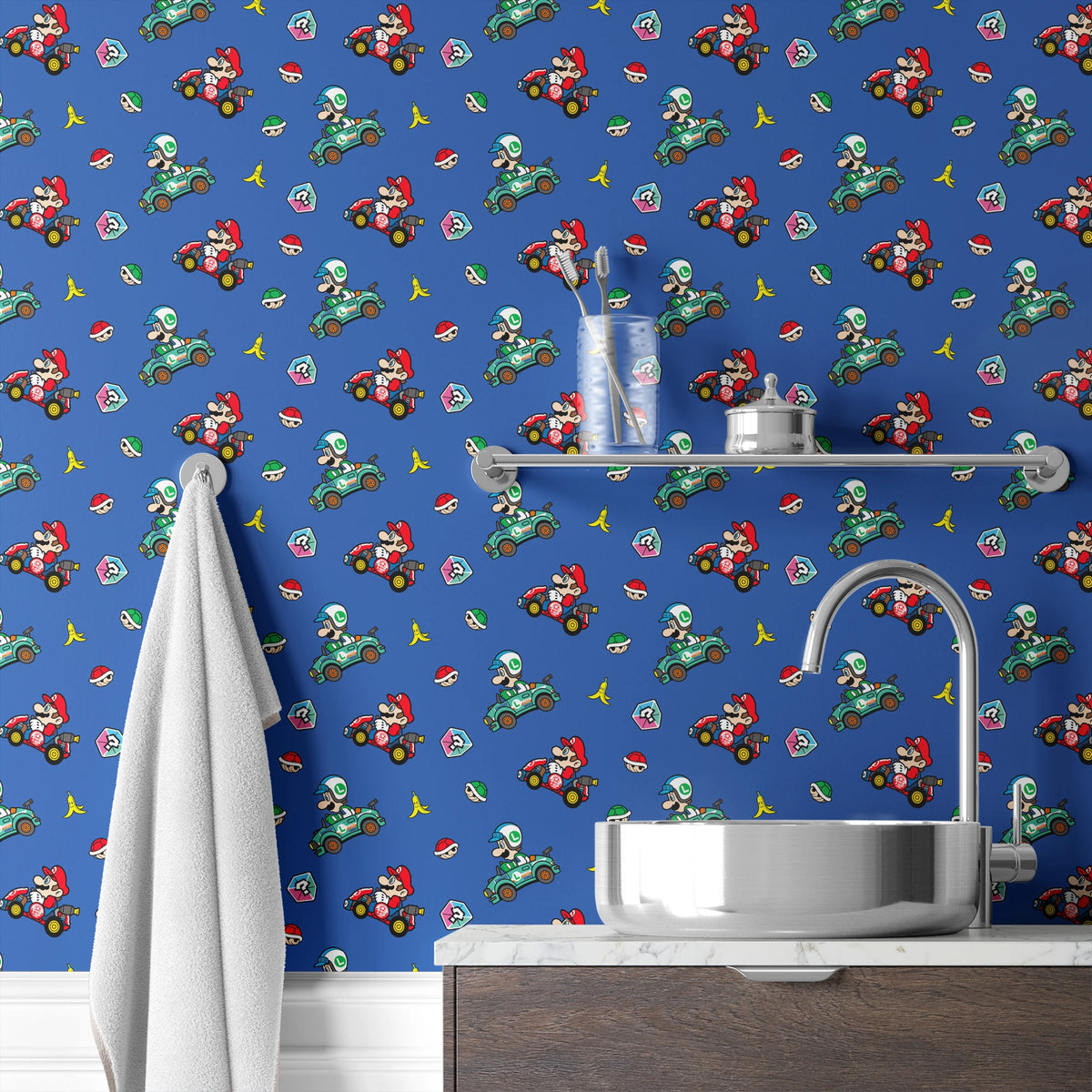 Mario Kart™ World 2D Mario and Luigi on Blue Wallpaper