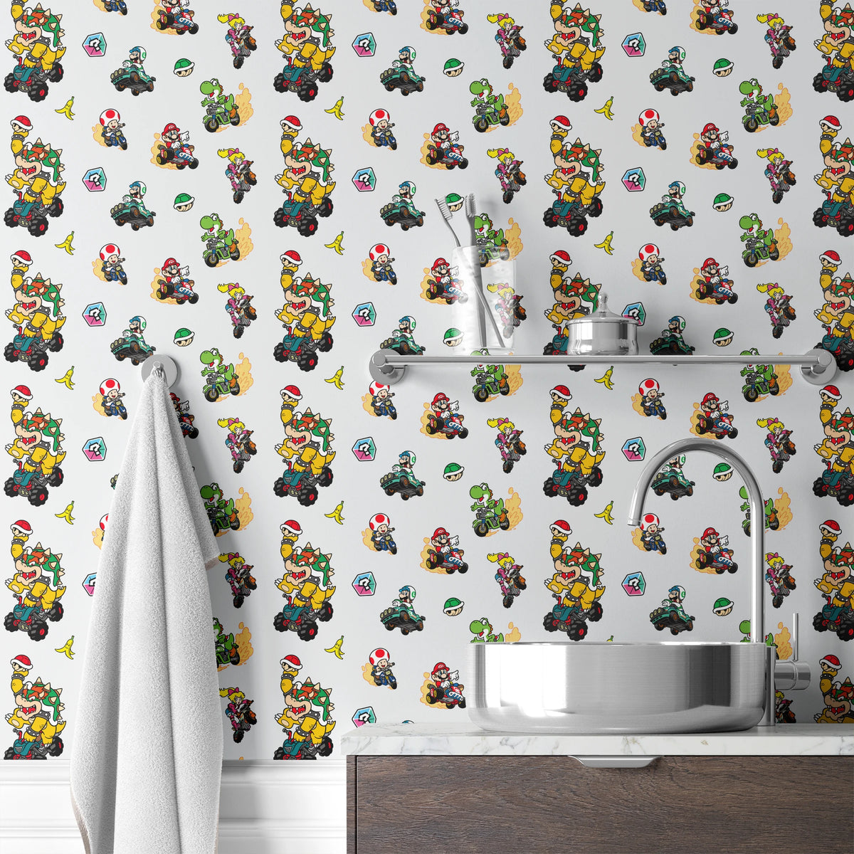 Mario Kart™ World 2D Friends in Action on Light Grey Wallpaper