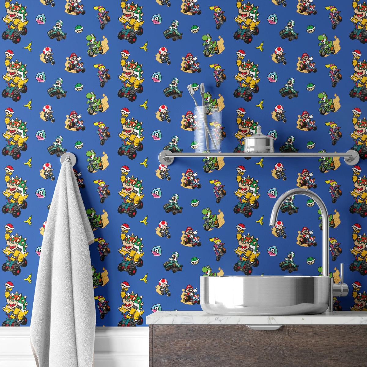 Mario Kart™ World 2D Friends in Action on Blue Wallpaper
