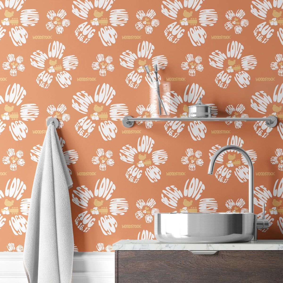 Woodstock Peace, Love, Music Florals on Tan Wallpaper