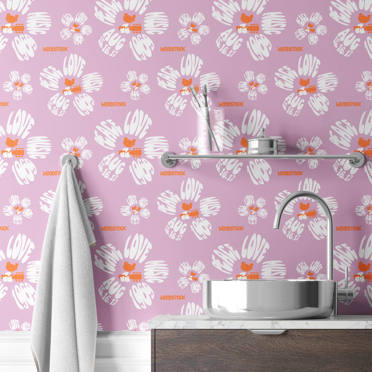 Woodstock Peace, Love, Music Florals on Lavender Wallpaper