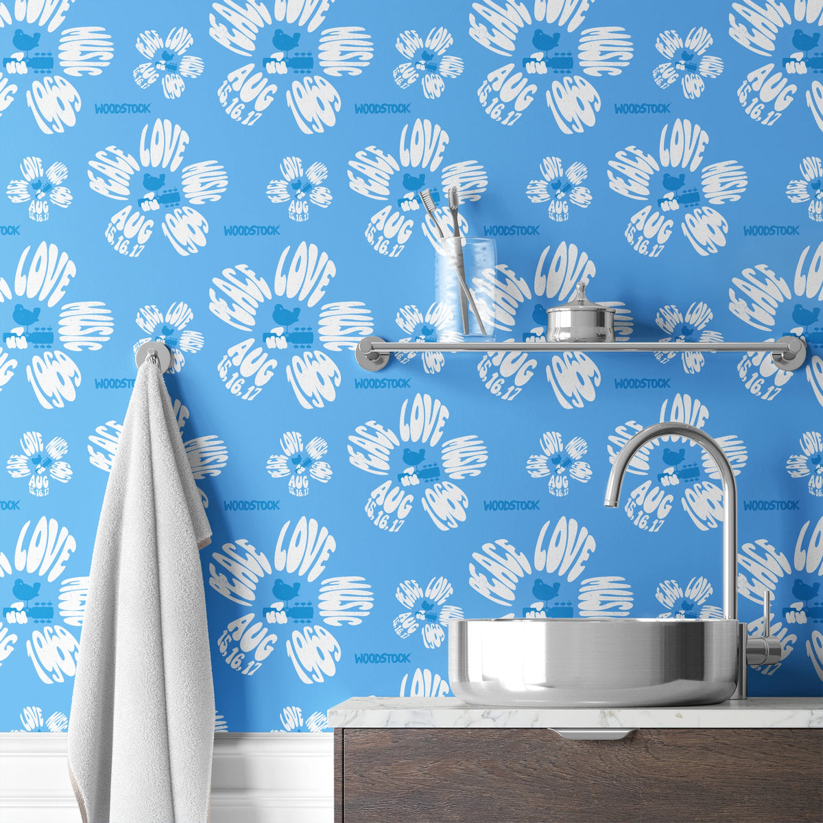 Woodstock Peace, Love, Music Florals on Blue Wallpaper