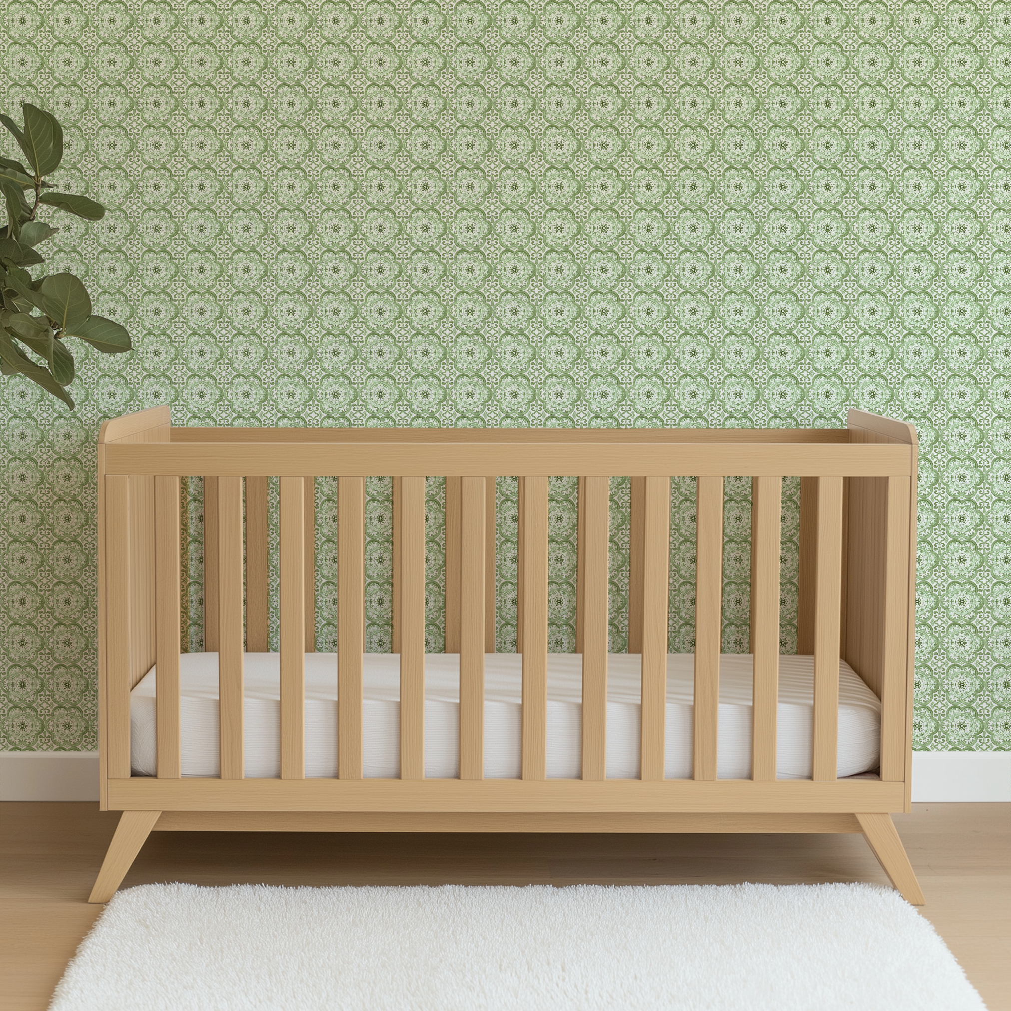 Green medallion tile-inspired pattern by Nicole Tamarin, featuring ornate floral details in a repeating square layout. wallpaper crib mockup