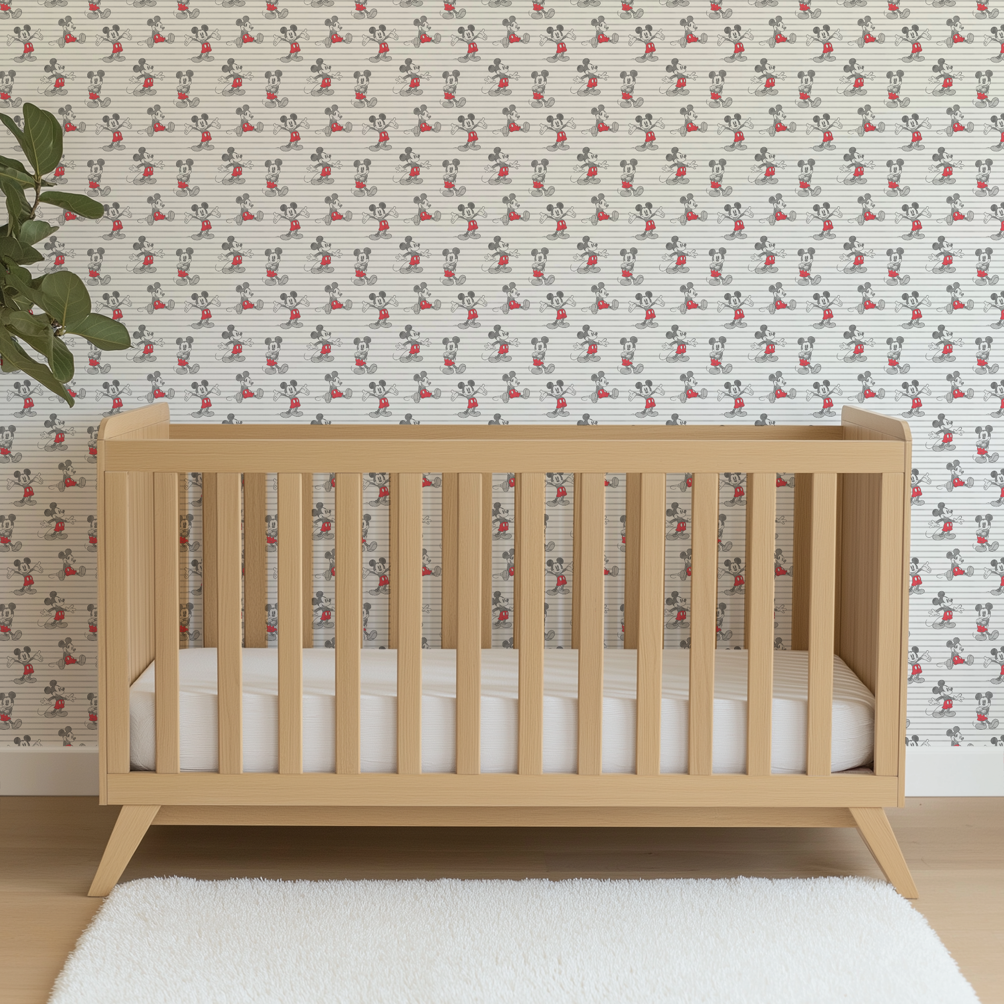 Mickey Mouse cartoon characters in various poses on gray and white striped background wallpaper crib mockup