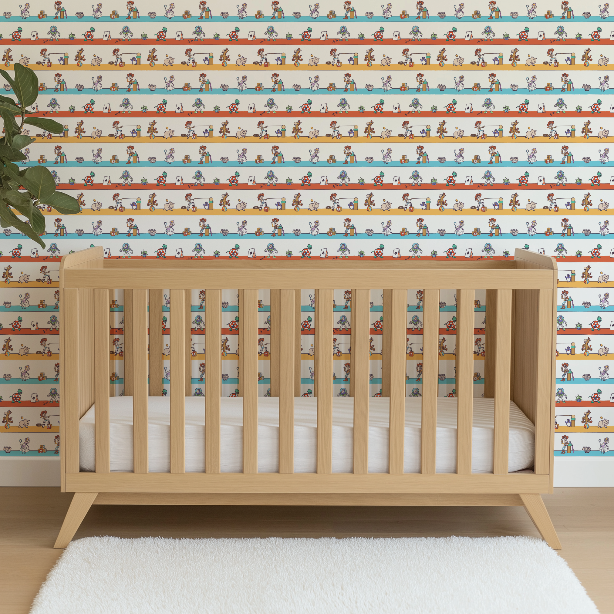 Cartoon illustration of three rows showing different Toy Story characters in action - Woody, Buzzlightyear, Jessie, & more! wallpaper crib mockup