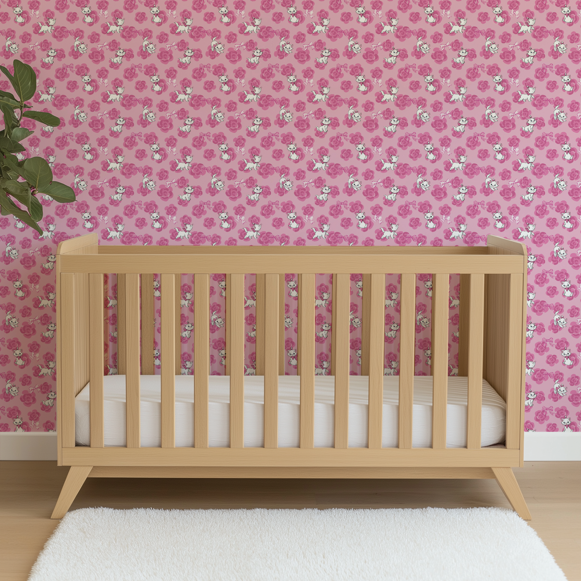 Marie from The Aristocats playing on pink rose pattern background wallpaper crib mockup