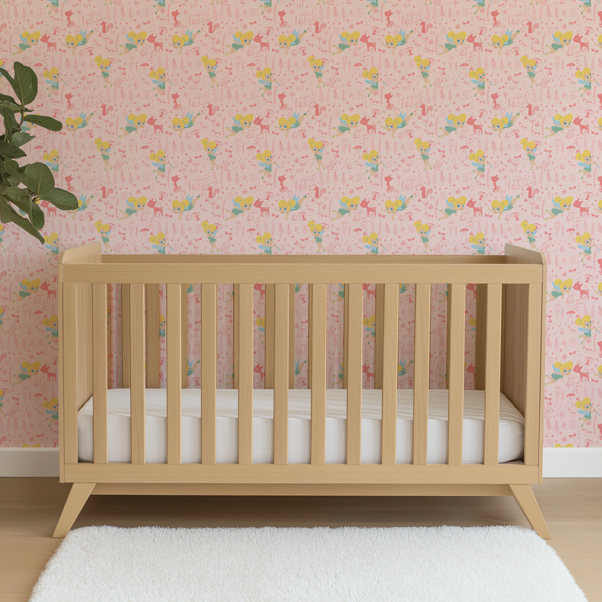 Pink whimsical pattern with cartoon fairy characters, forest animals, mushrooms, and plants in pastel colors wallpaper crib mockup