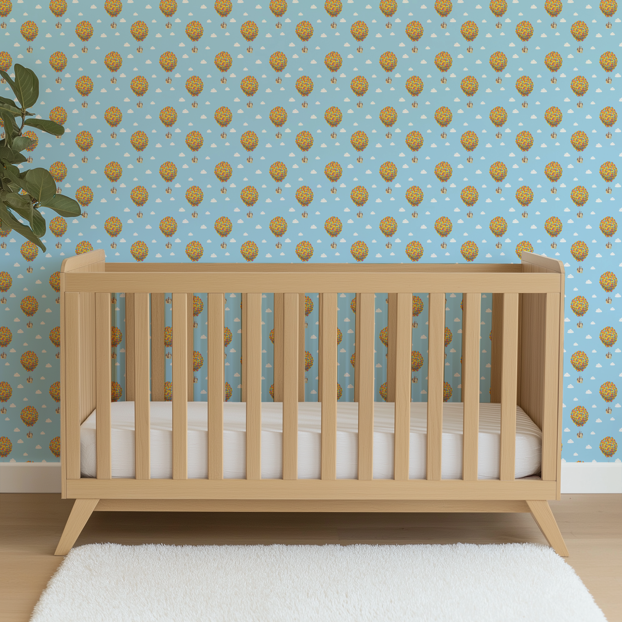 Repeating Up pattern of houses lifted by colorful balloon clusters against a light blue sky with white clouds wallpaper crib mockup