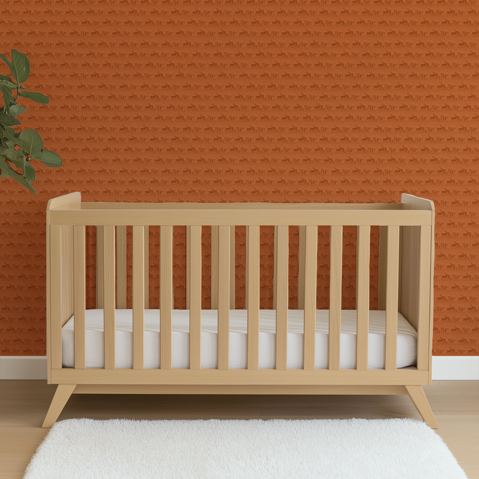 Repeating brown pattern with silhouettes of Frozen characters and trees in a rustic woodland scene wallpaper crib mockup