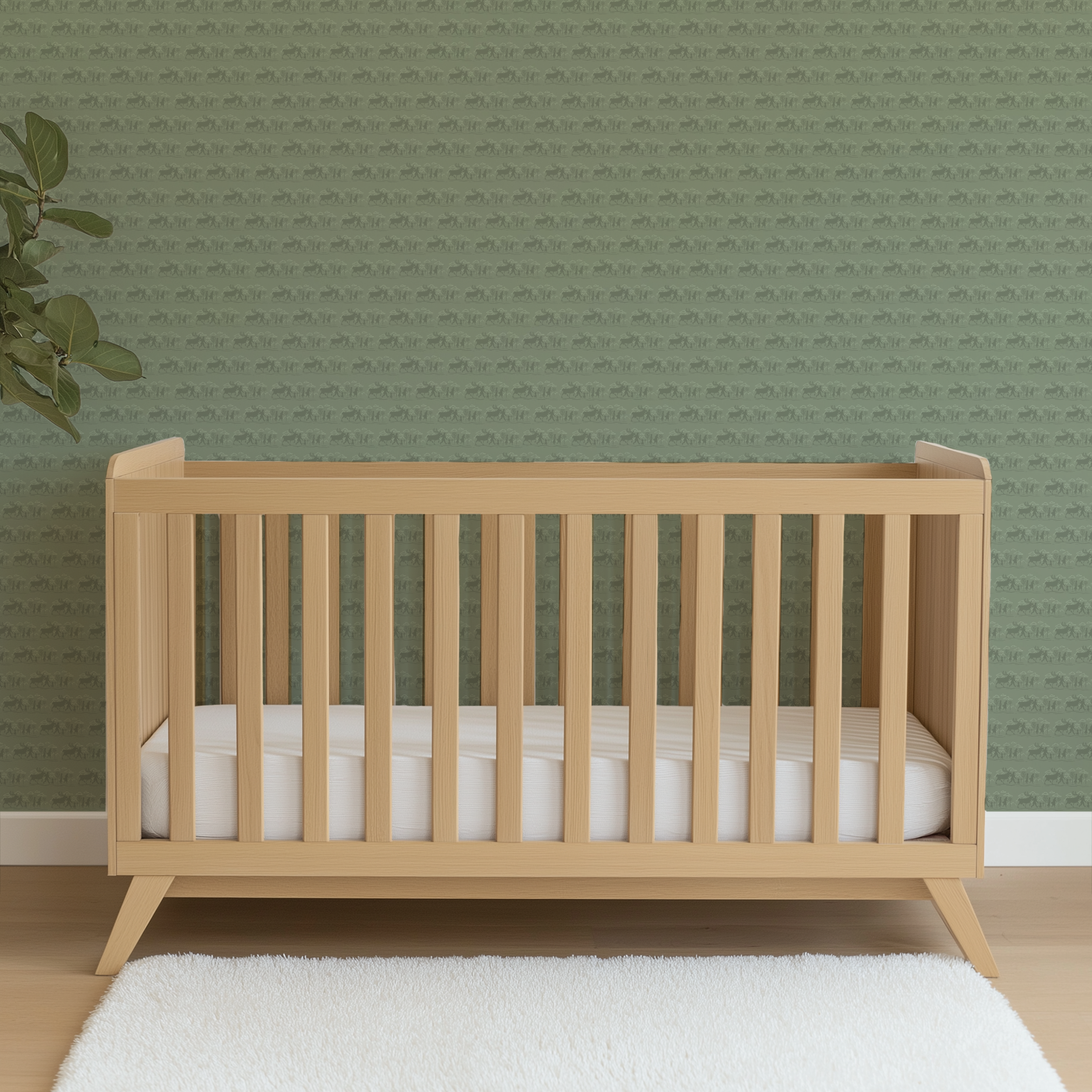 Muted green patterned design with repeating silhouettes of Frozen characters in horizontal bands wallpaper crib mockup