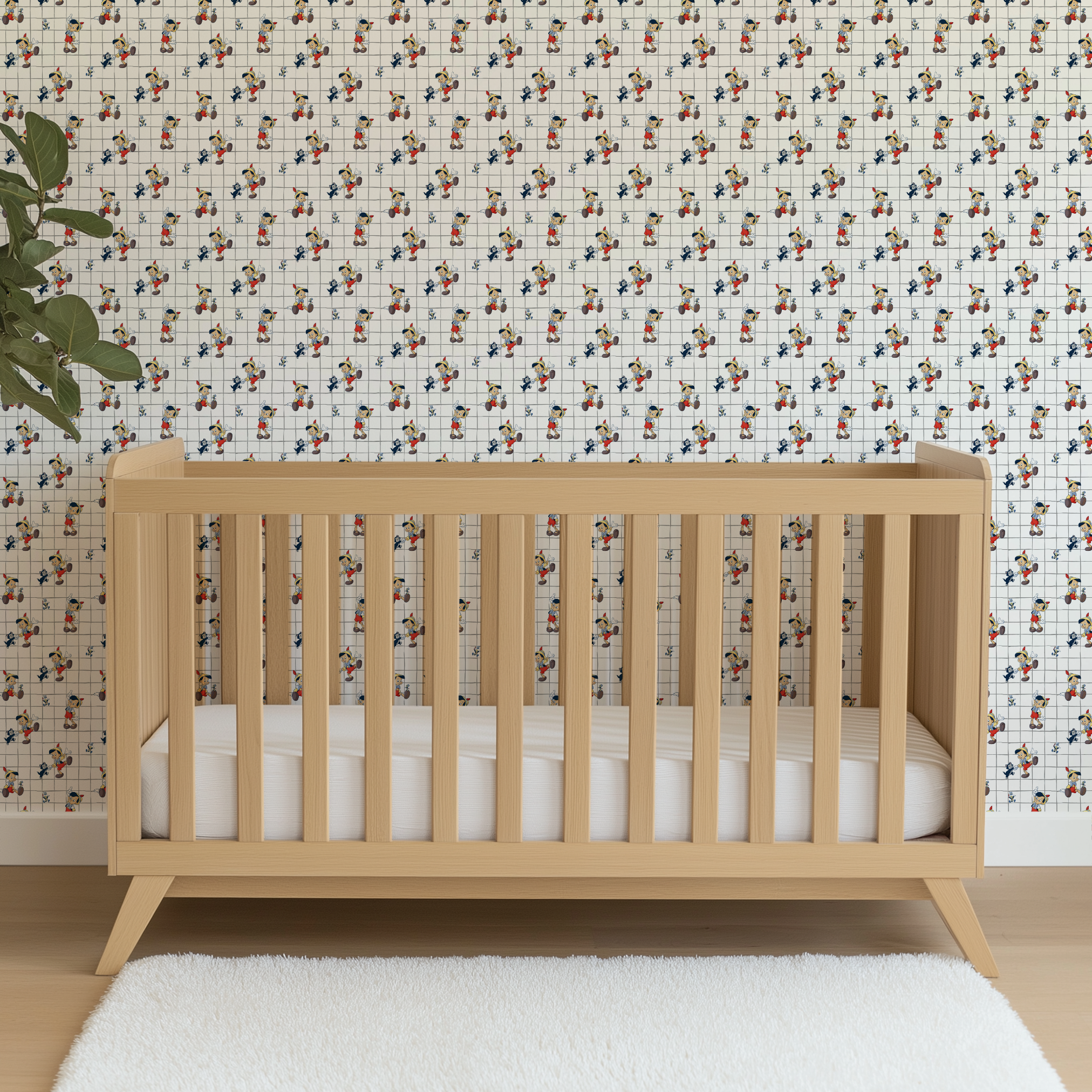 Classic cartoon puppets with red shorts, yellow hats on white grid pattern with small black cat figures wallpaper crib mockup