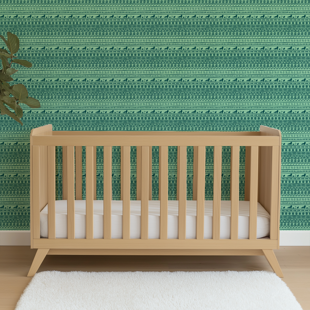Traditional African-inspired pattern in dark teal on mint green with lions, spirals, triangles, and geometric motifs wallpaper crib mockup