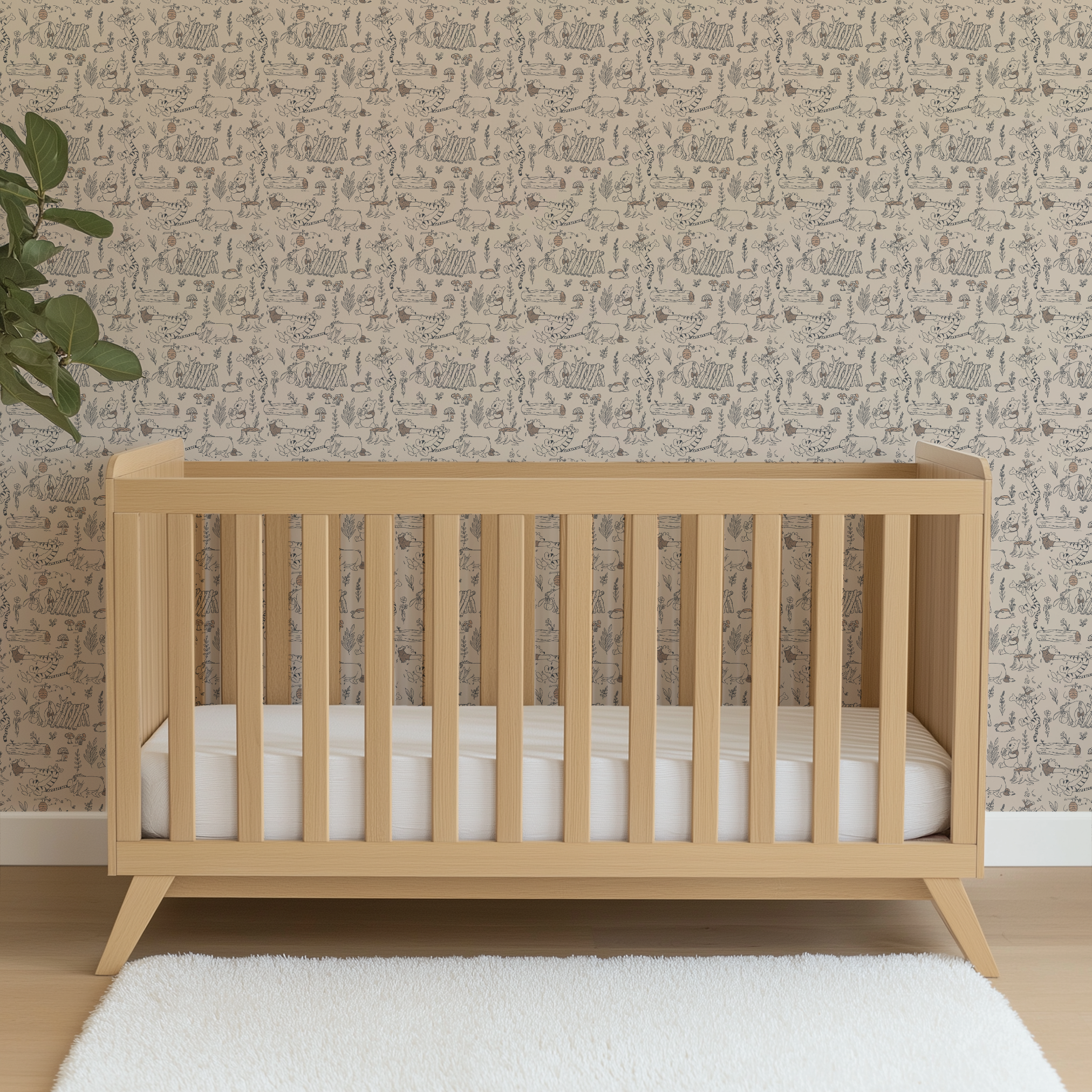 Whimsical illustrated pattern of woodland animals, logs, and plants in black line art on beige background wallpaper crib mockup