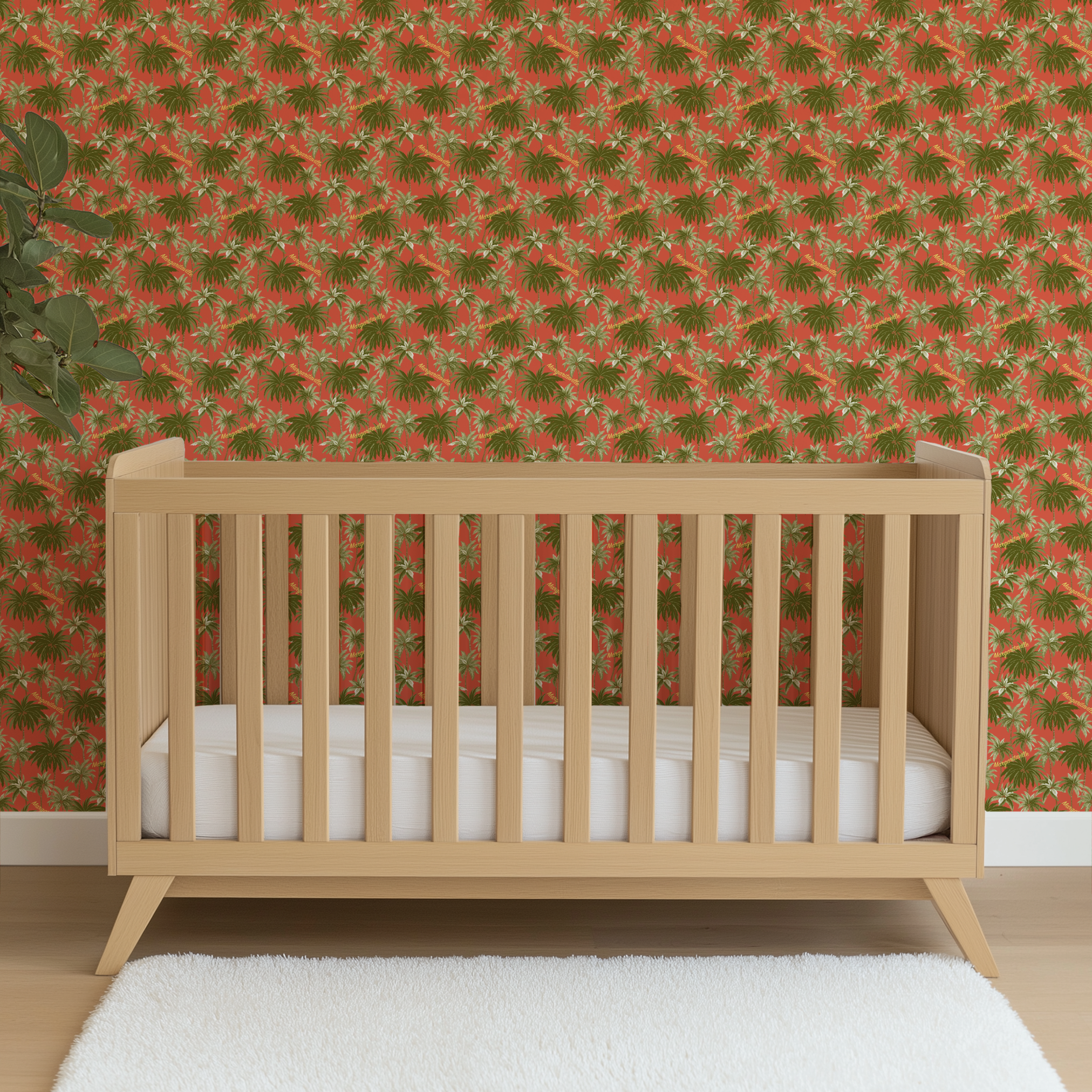 Tropical palm tree pattern on coral background with "Margaritaville" text in gold lettering wallpaper crib mockup