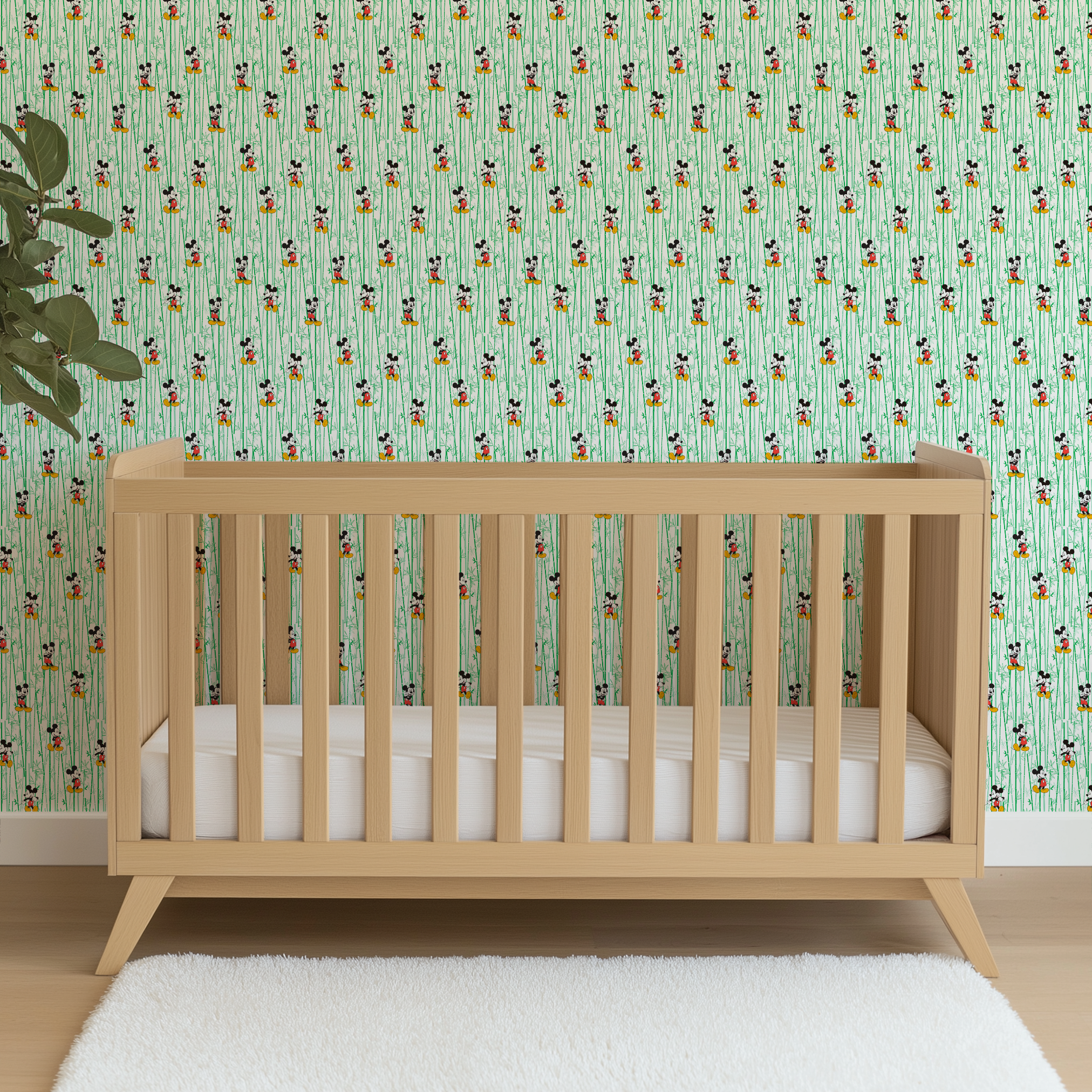 Cartoon mouse character pattern on white background with green vertical stripes wallpaper crib mockup
