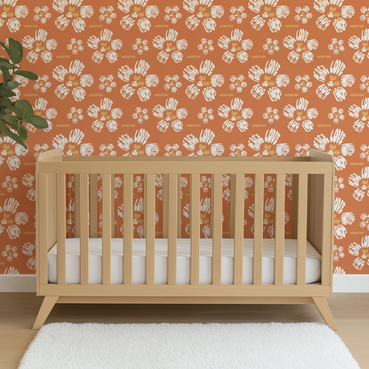 Woodstock Peace, Love, Music Florals on Tan Wallpaper