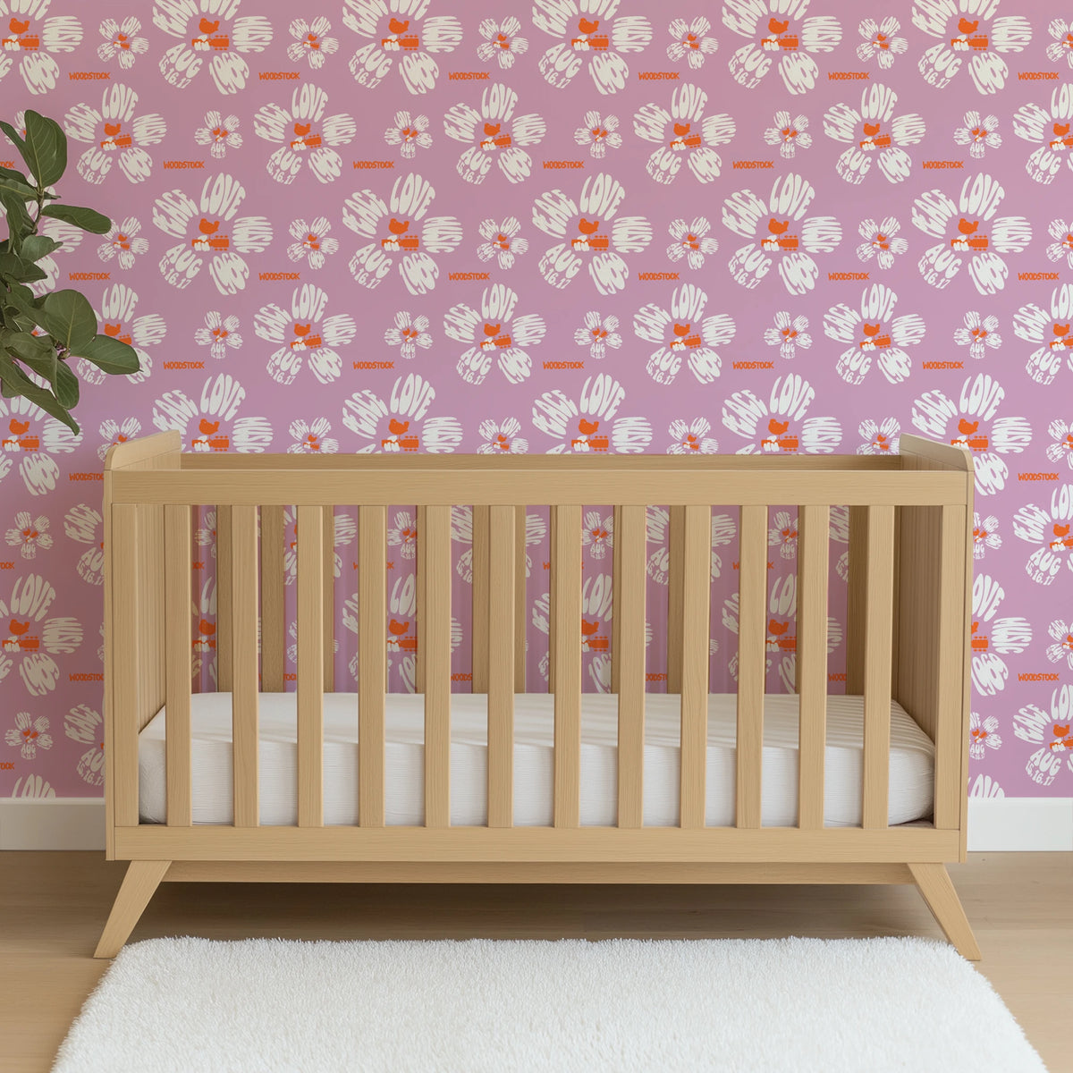 Woodstock Peace, Love, Music Florals on Lavender Wallpaper