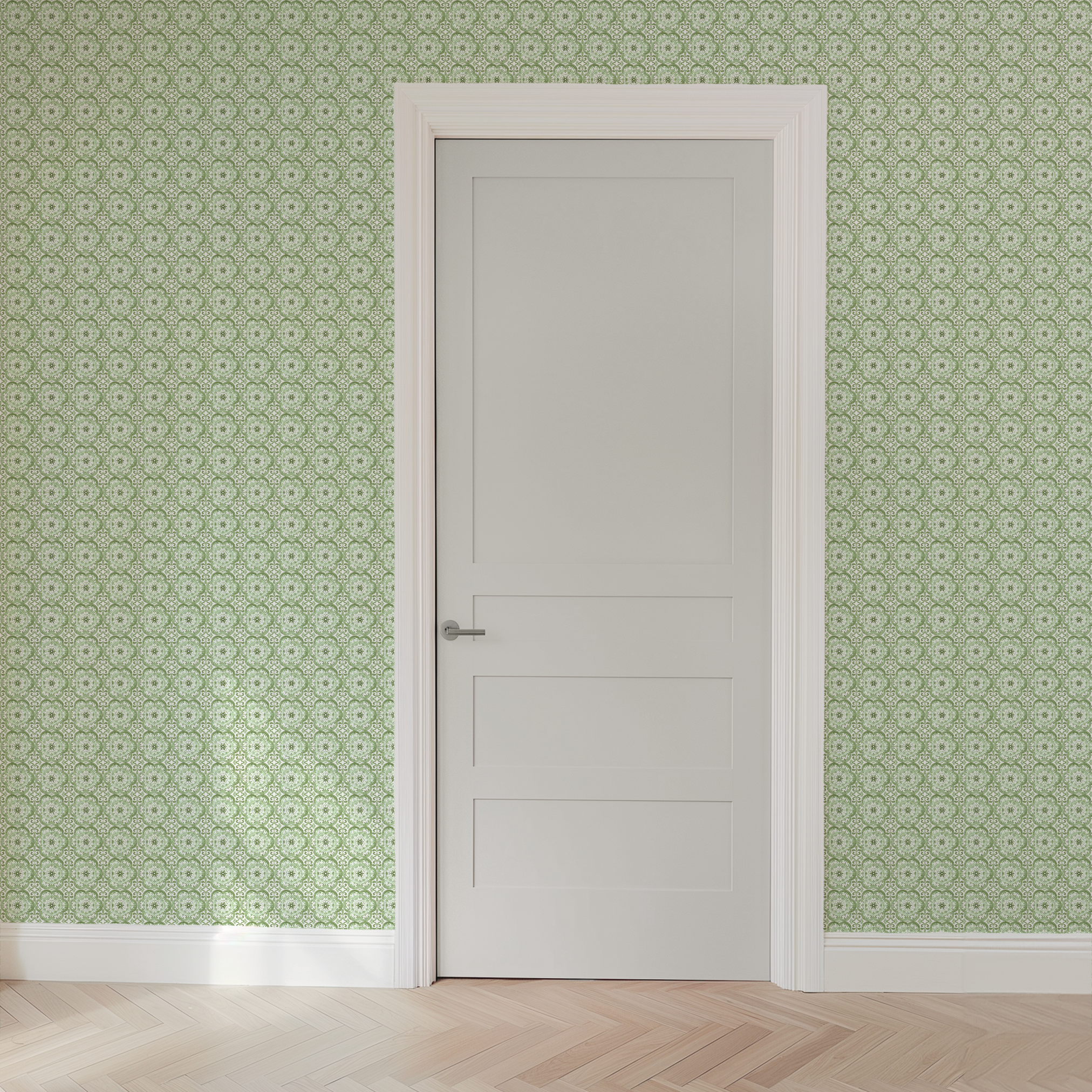 Green medallion tile-inspired pattern by Nicole Tamarin, featuring ornate floral details in a repeating square layout. wallpaper door mockup