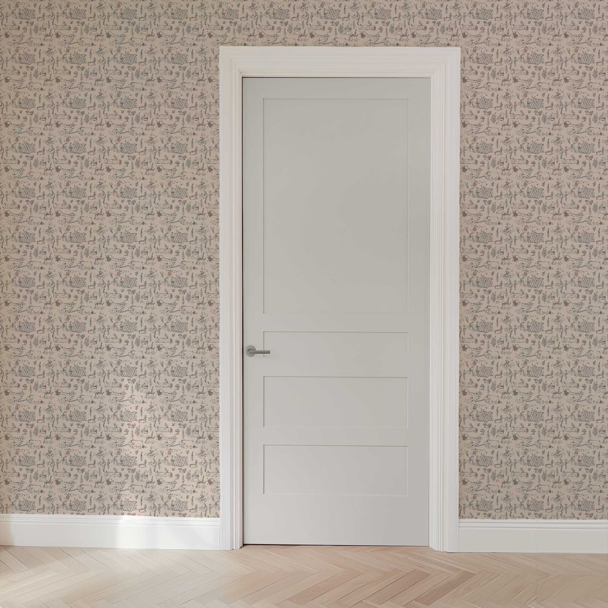 Whimsical illustrated pattern of woodland animals, logs, and plants in black line art on beige background wallpaper door mockup