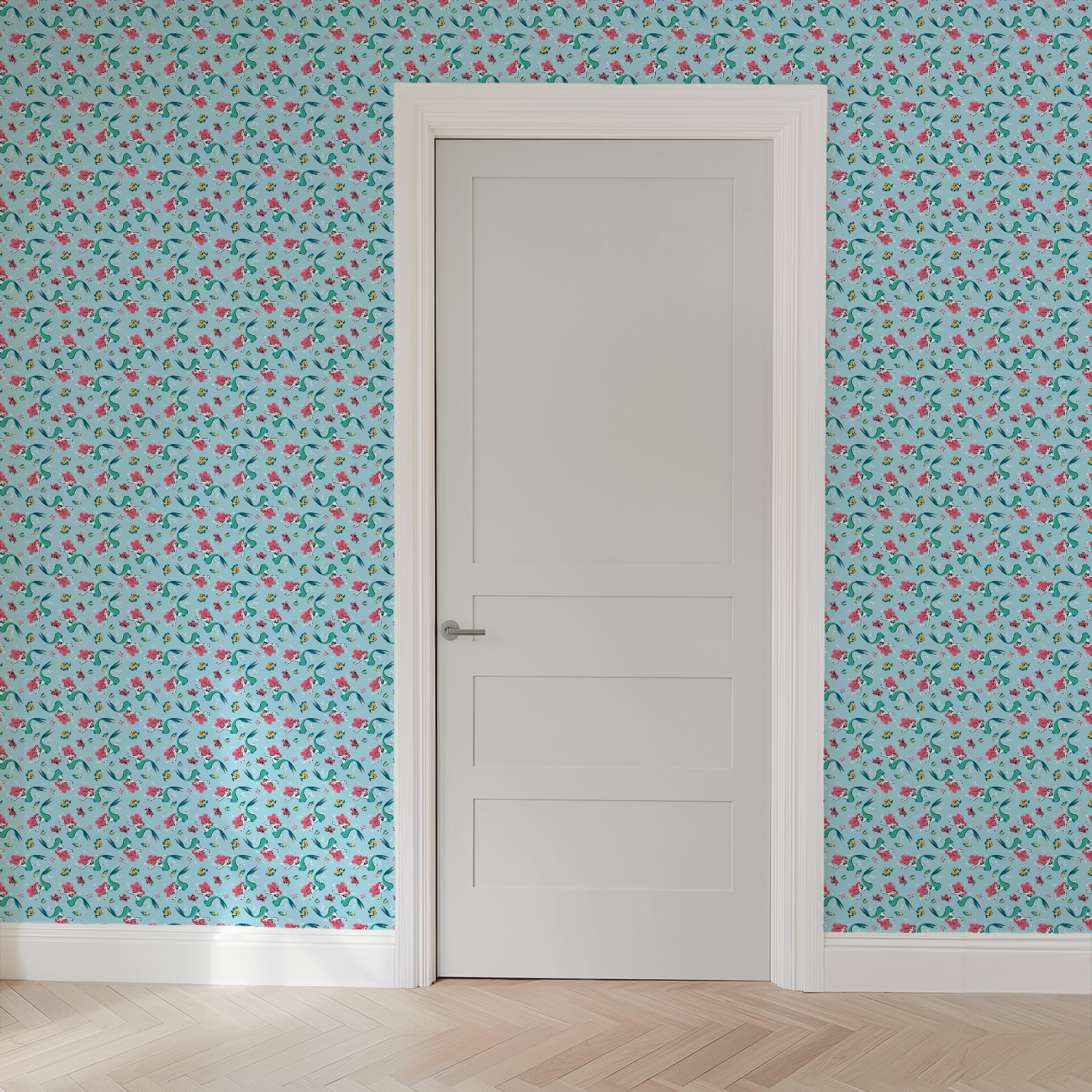 Underwater pattern with colorful mermaids, tropical fish, crabs, and starfish on light blue background wallpaper door mockup