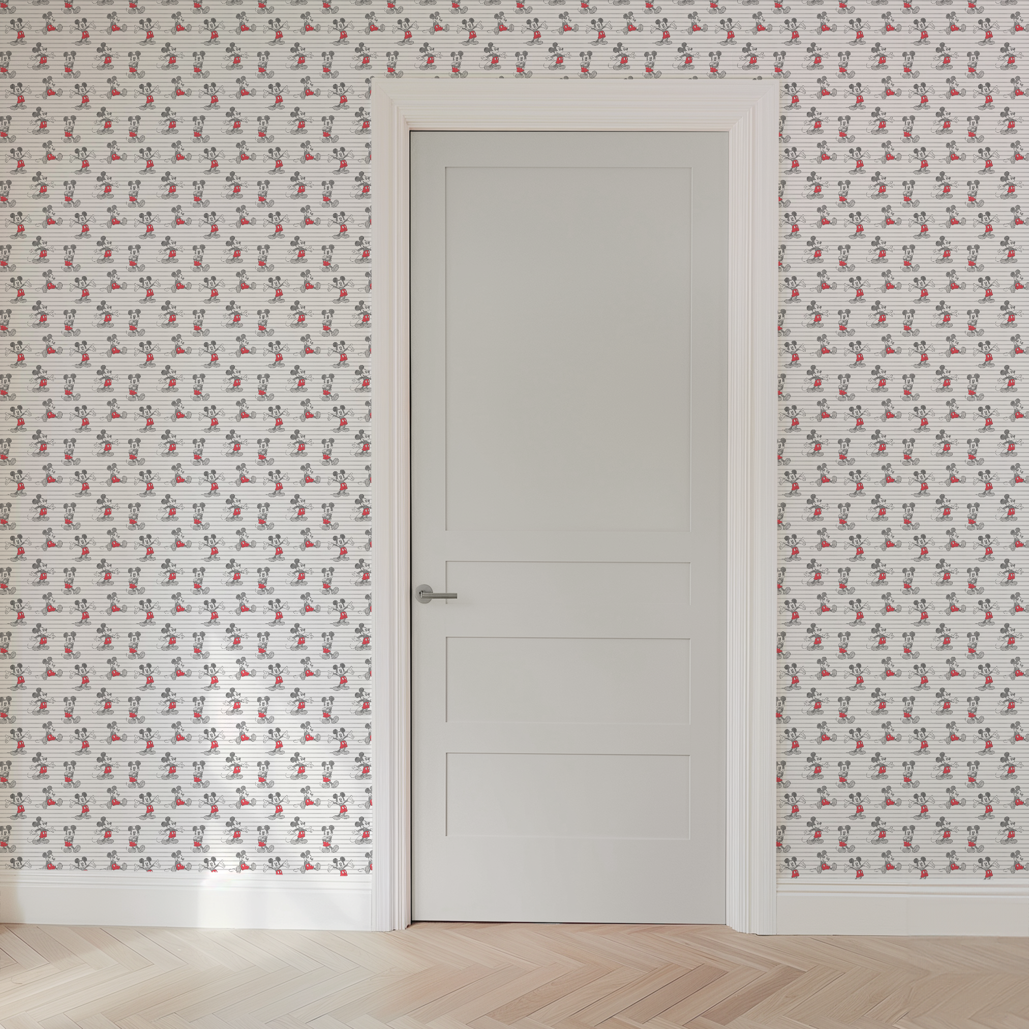 Mickey Mouse cartoon characters in various poses on gray and white striped background wallpaper door mockup