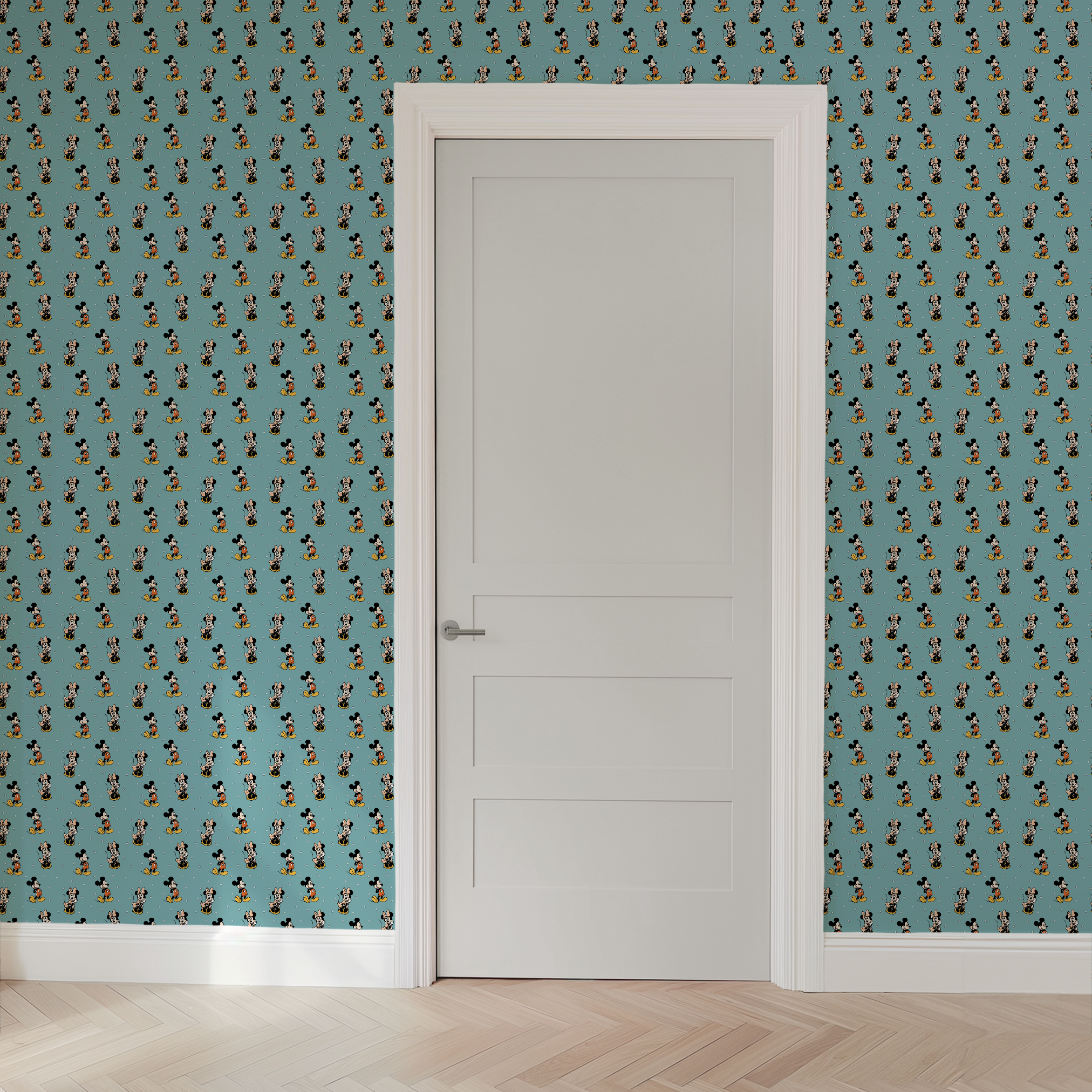 Cartoon pattern of Mickey and Minnie Mouse characters on light blue background with white dots wallpaper door mockup