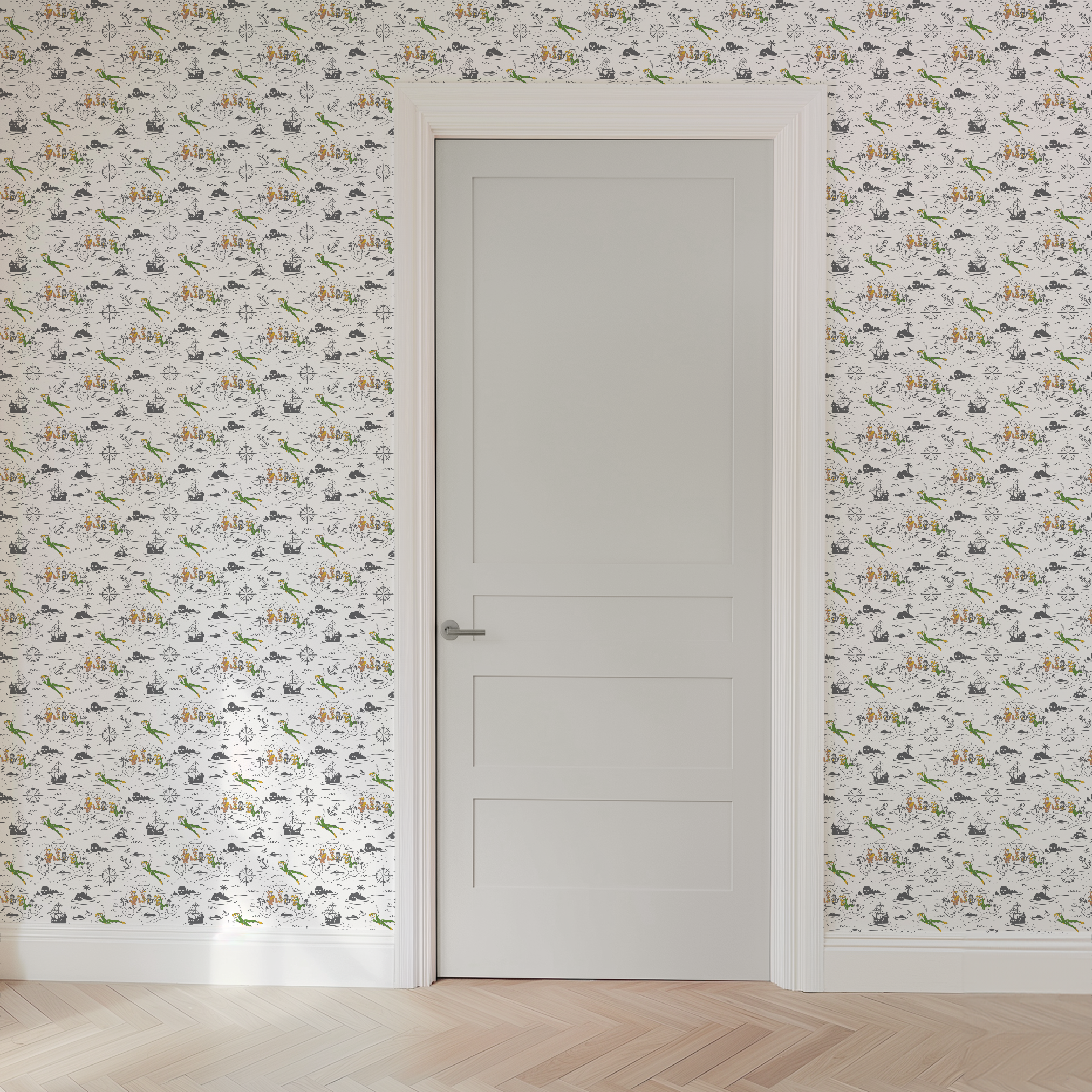 Peter Pan-inspired pattern with islands, ships, mermaids, compass roses, and pirate symbols in green, orange, and gray on white background wallpaper door mockup