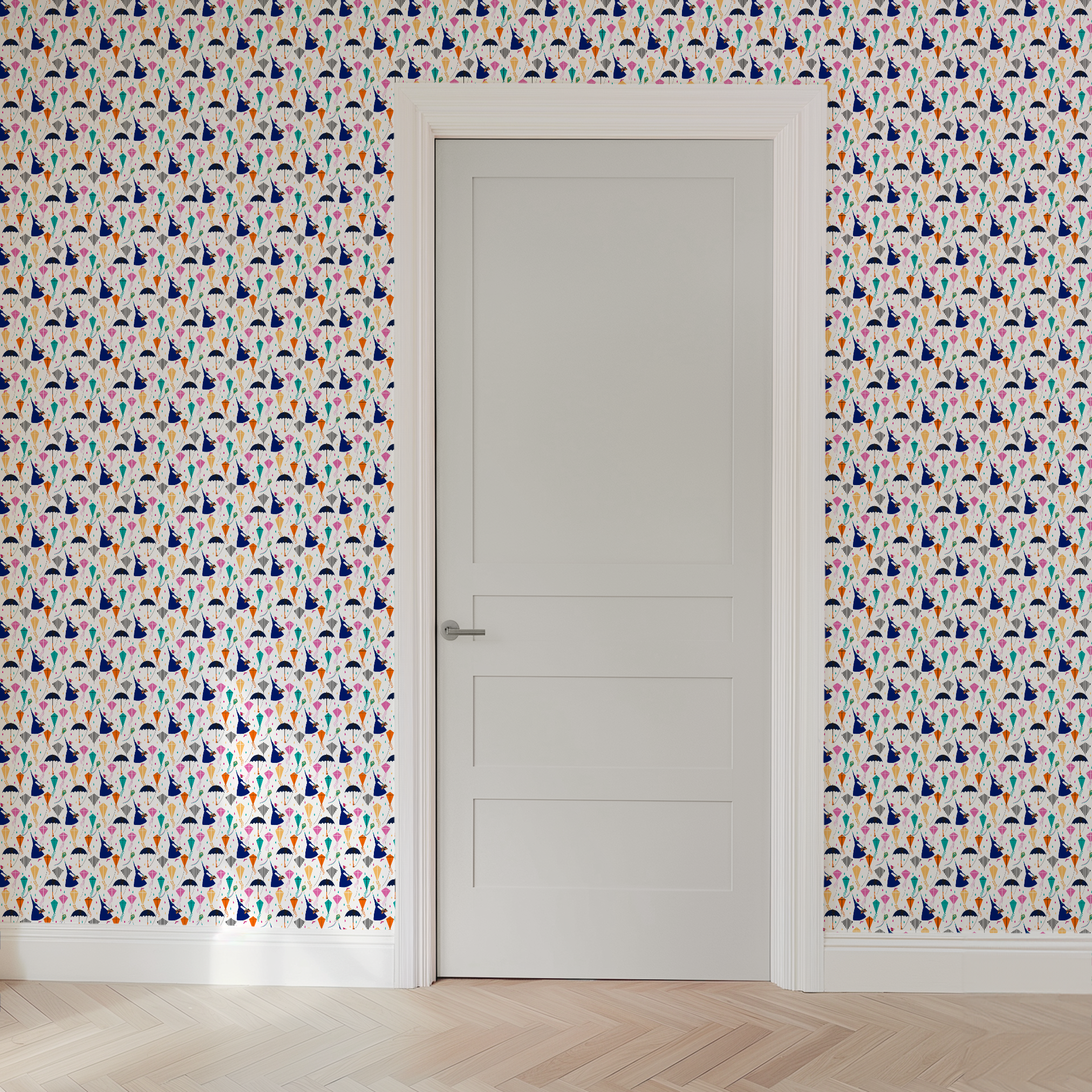 Colorful Mary Poppins pattern with umbrellas, featuring pink, orange, turquoise kites and navy umbrellas on white background wallpaper door mockup
