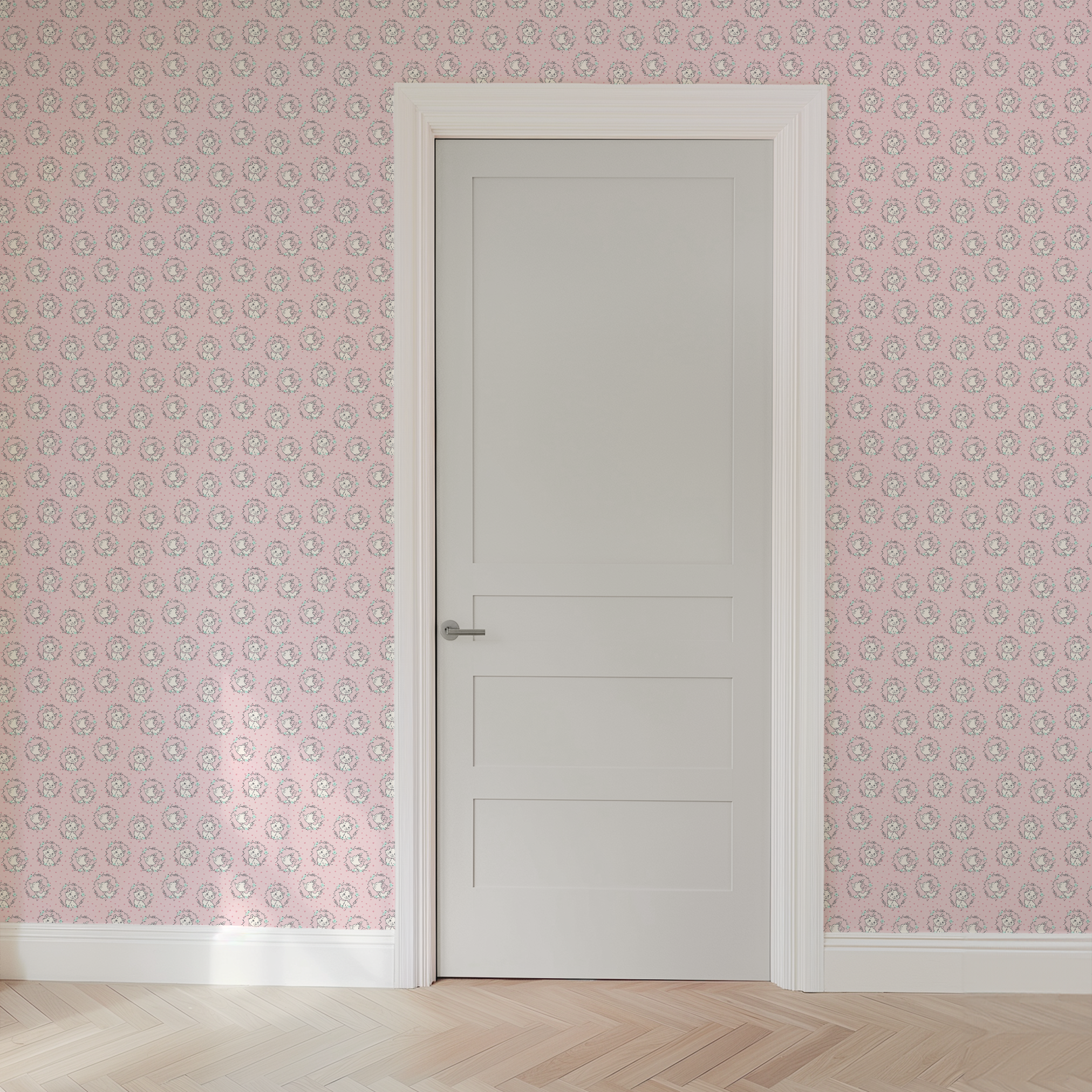 White cartoon cats in floral wreaths on pink polka dot background, seamless pattern wallpaper door mockup