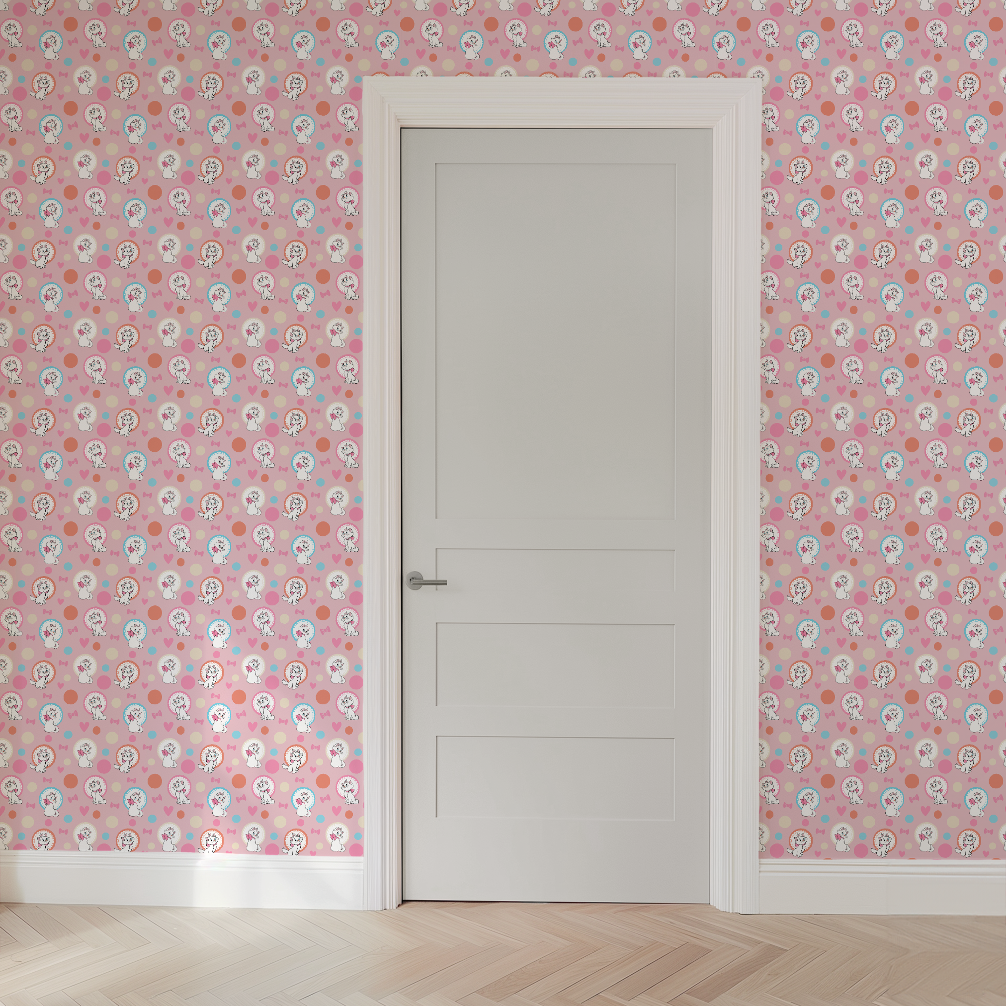 Marie from The Aristocats with pink bows in decorative circular frames on pink polka dot background with bow motifs wallpaper door mockup