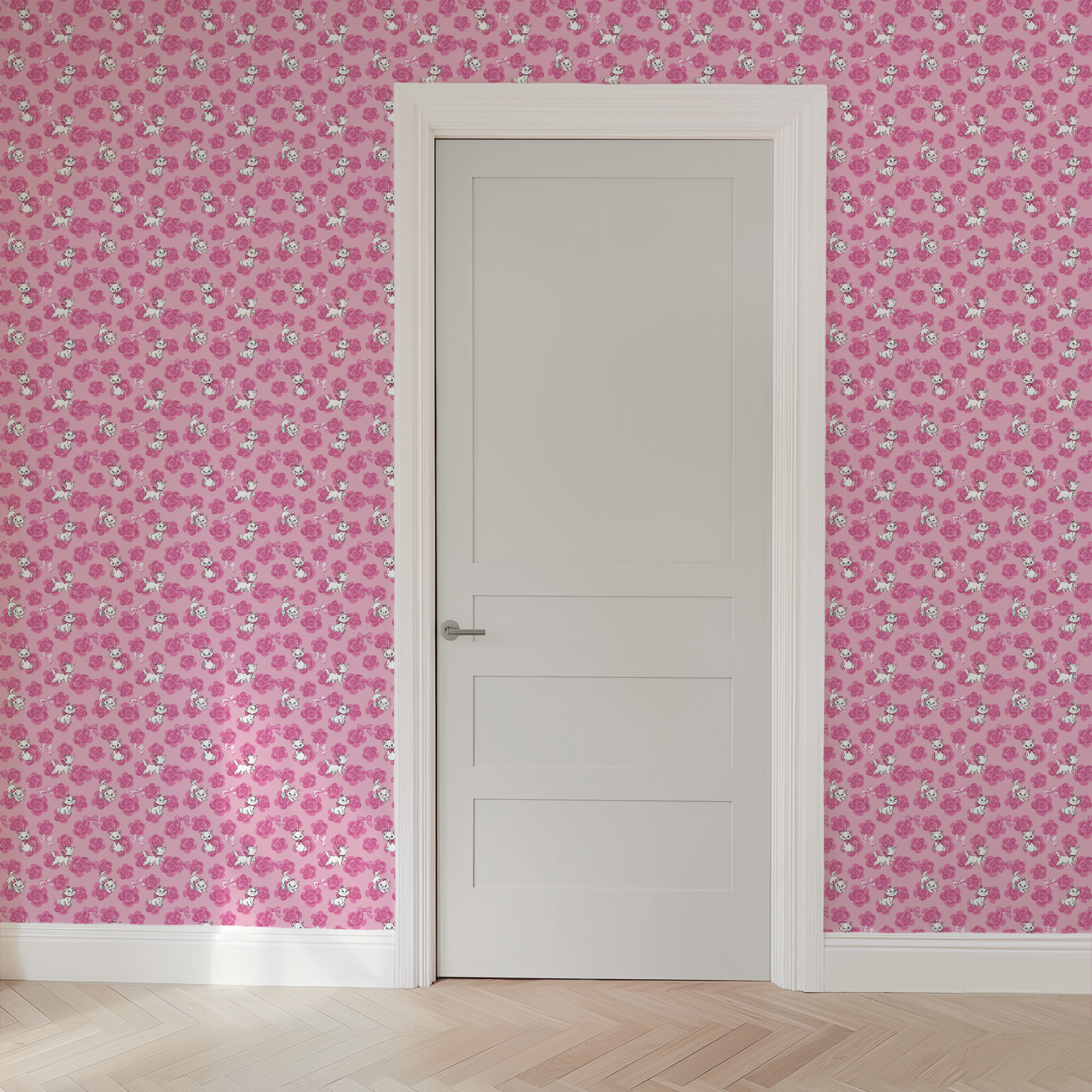 Marie from The Aristocats playing on pink rose pattern background wallpaper door mockup